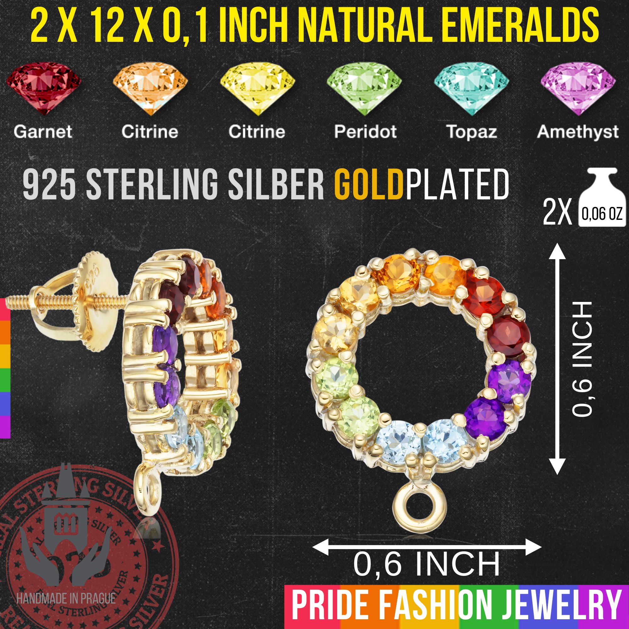 LGBTQIA+ Earrings 925 Sterling Silver – Gold Plated- 2 x 12 Gems