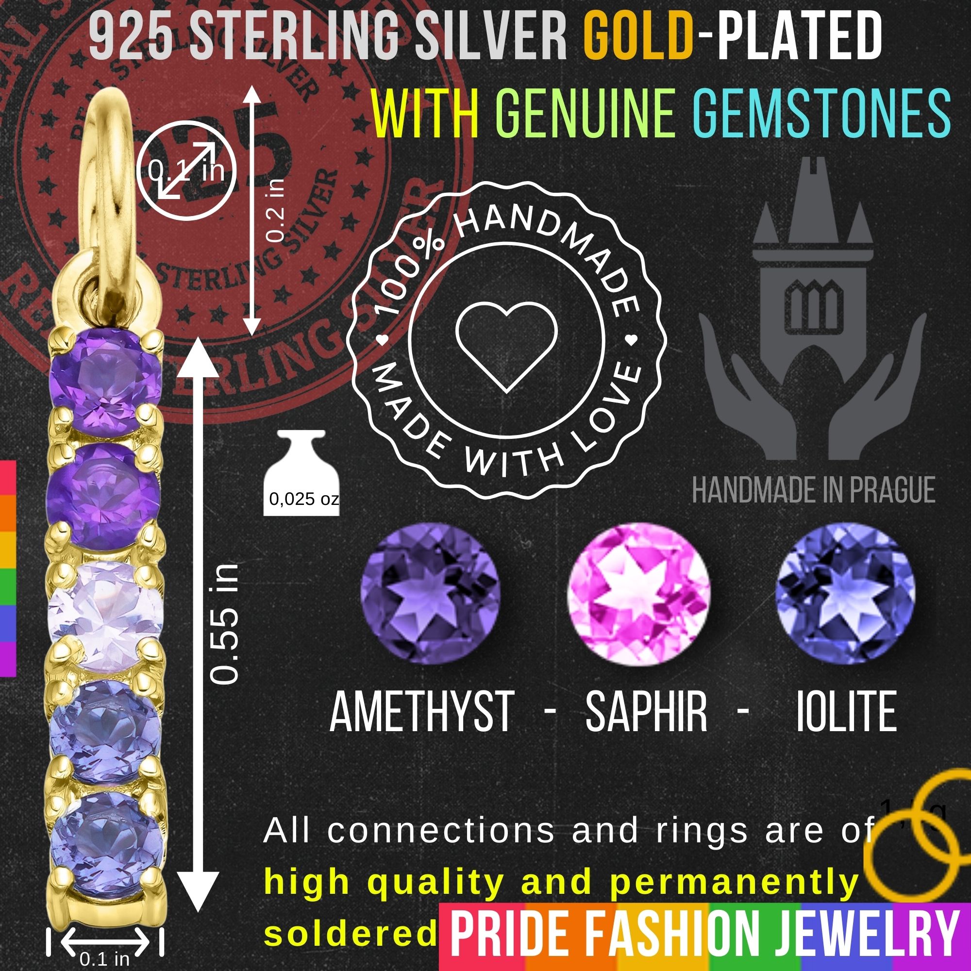 Bisexual 925 Sterling Silver Charm Flag Necklace with Ring Eye (Gold Plated) – 5 Gems