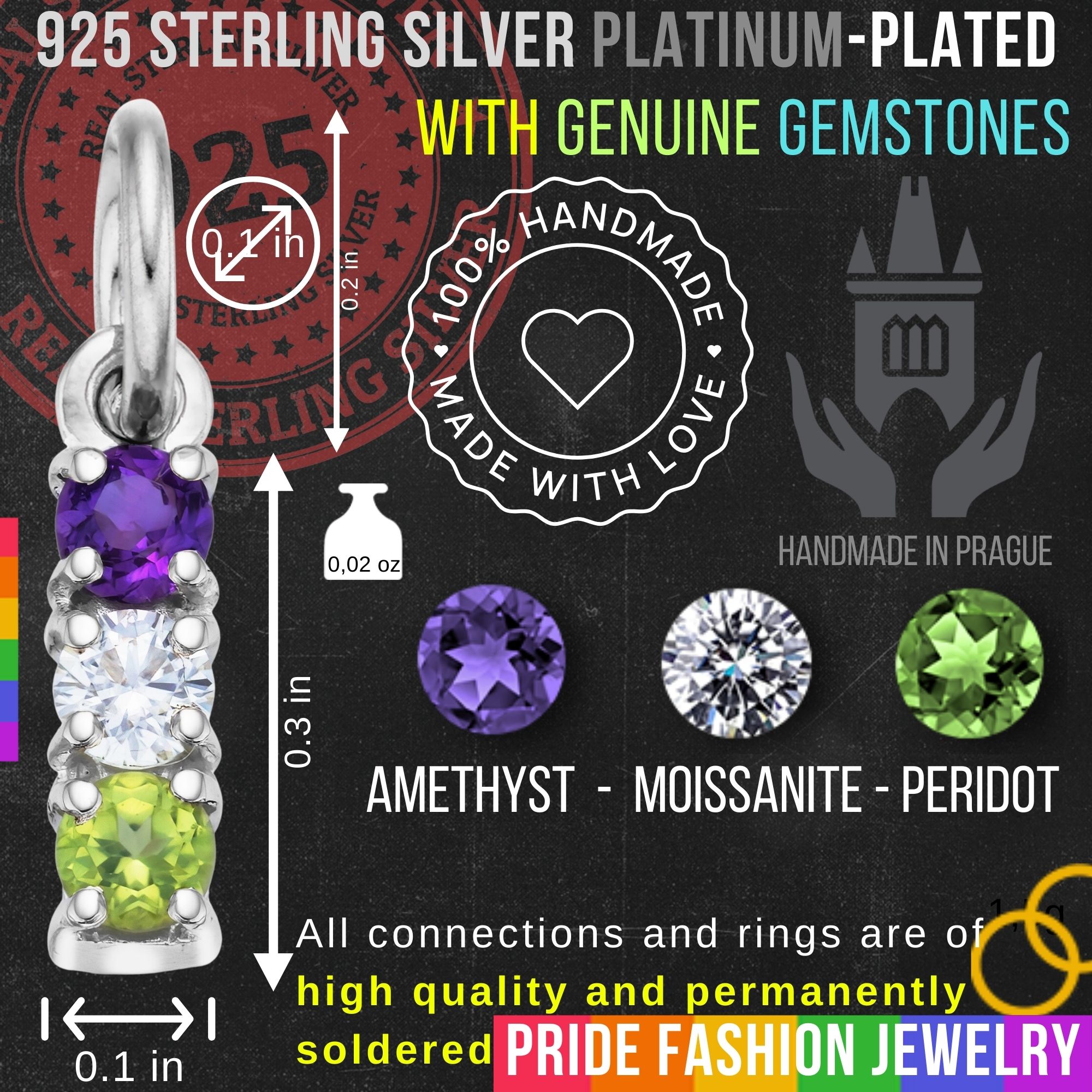 Genderqueer 925 Sterling Silver Charm Flag Necklace with Ring Eye (Platinum Plated) – 3 Gems