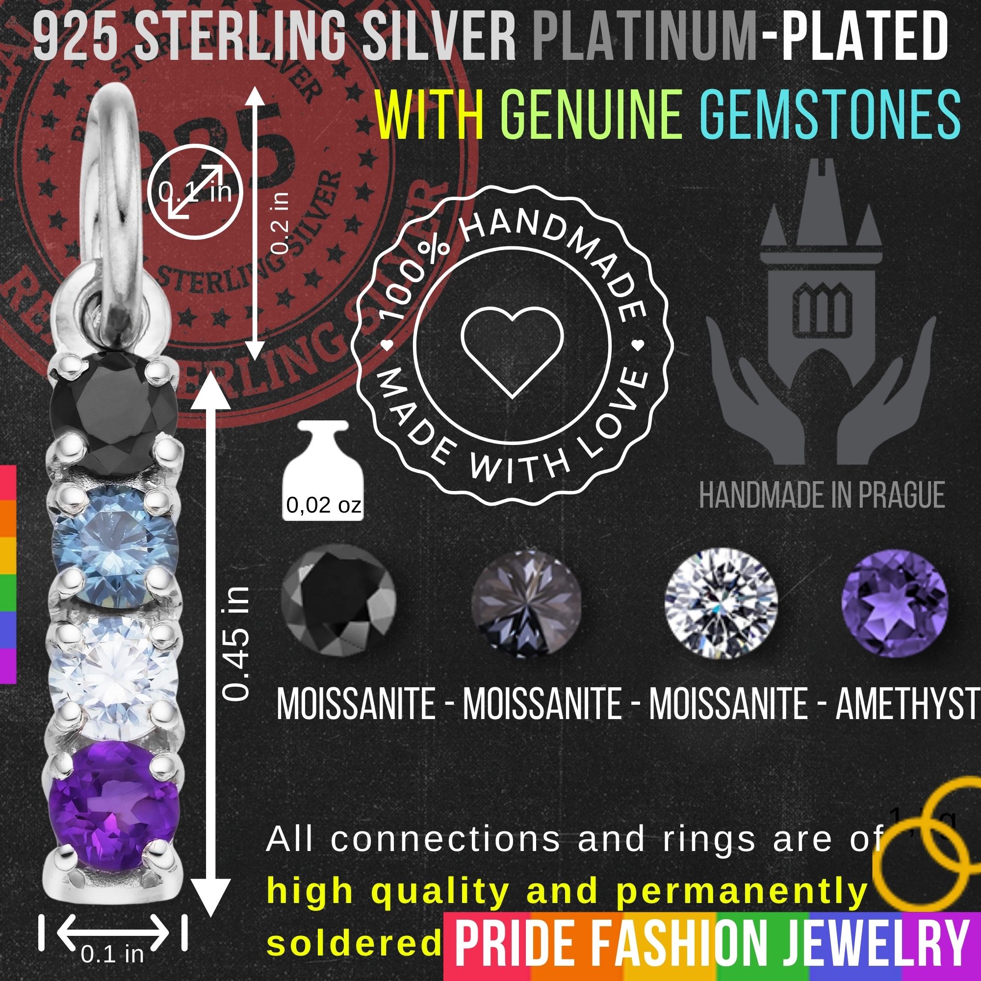 Asexual 925 Sterling Silver Charm Flag Necklace with Ring Eye (Platinum Plated) – 4 Gems