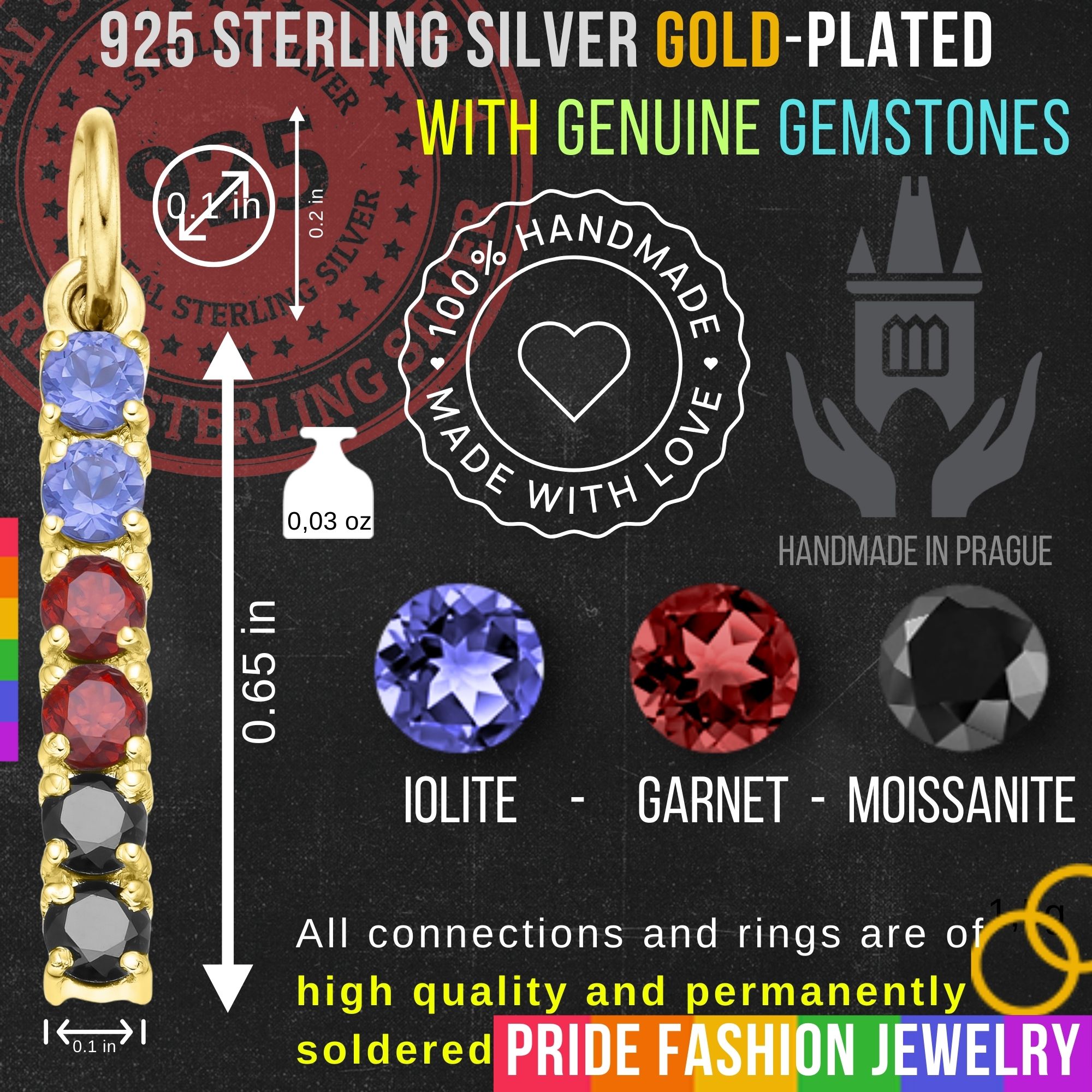 Polyamory 925 Sterling Silver Charm Flag Necklace with Ring Eye (Gold Plated) – 6 Gems