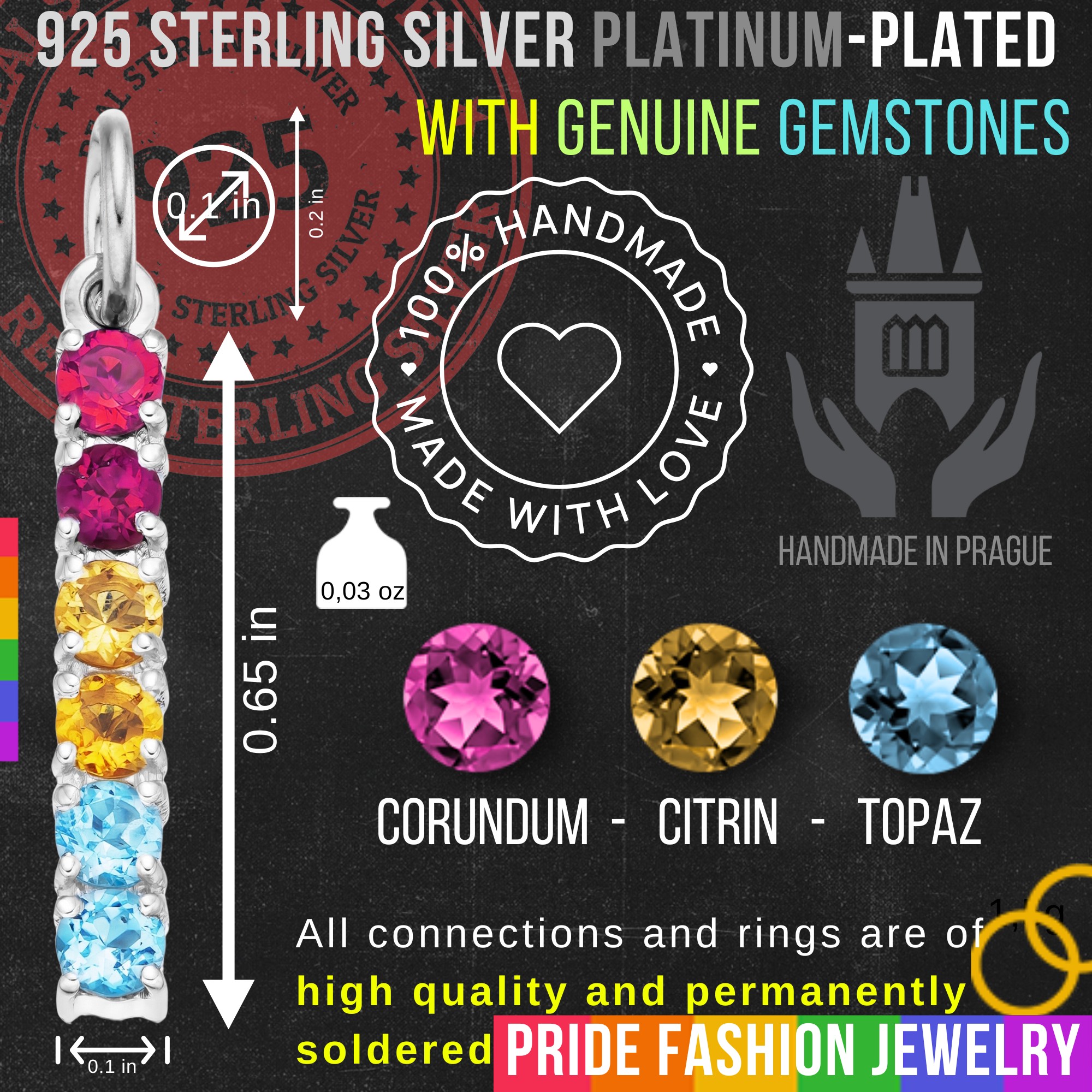 Pansexual 925 Sterling Silver Charm Flag Necklace with Ring Eye (Platinum Plated) – 6 Gems