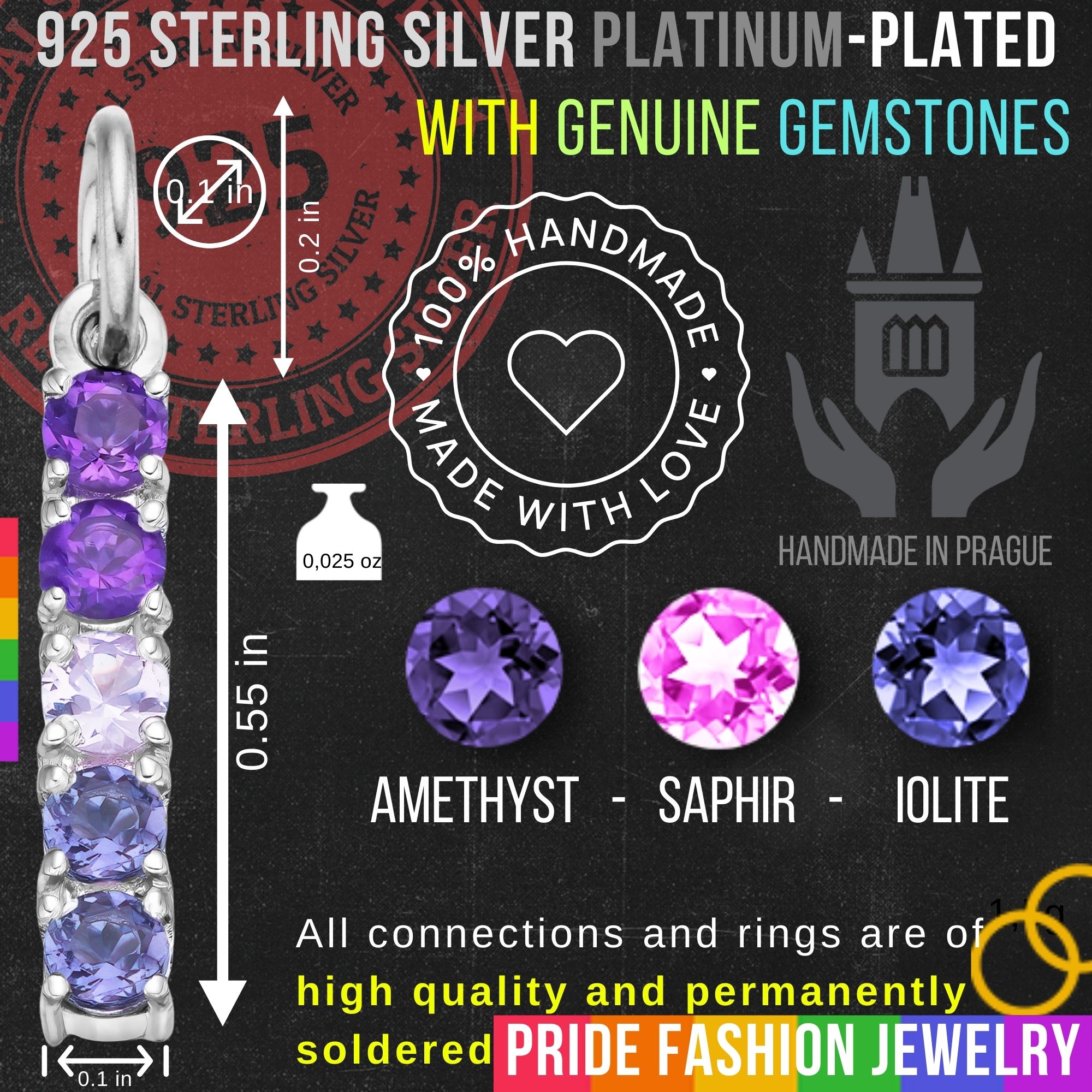 Bisexual 925 Sterling Silver Charm Flag Necklace with Ring Eye (Platinum Plated) – 5 Gems