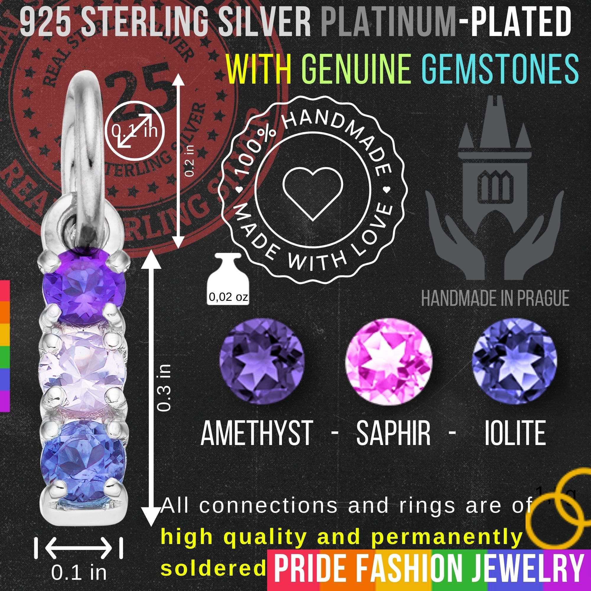 Bisexual 925 Sterling Silver Charm Flag Necklace with Ring Eye (Platinum Plated) – 3 Gems