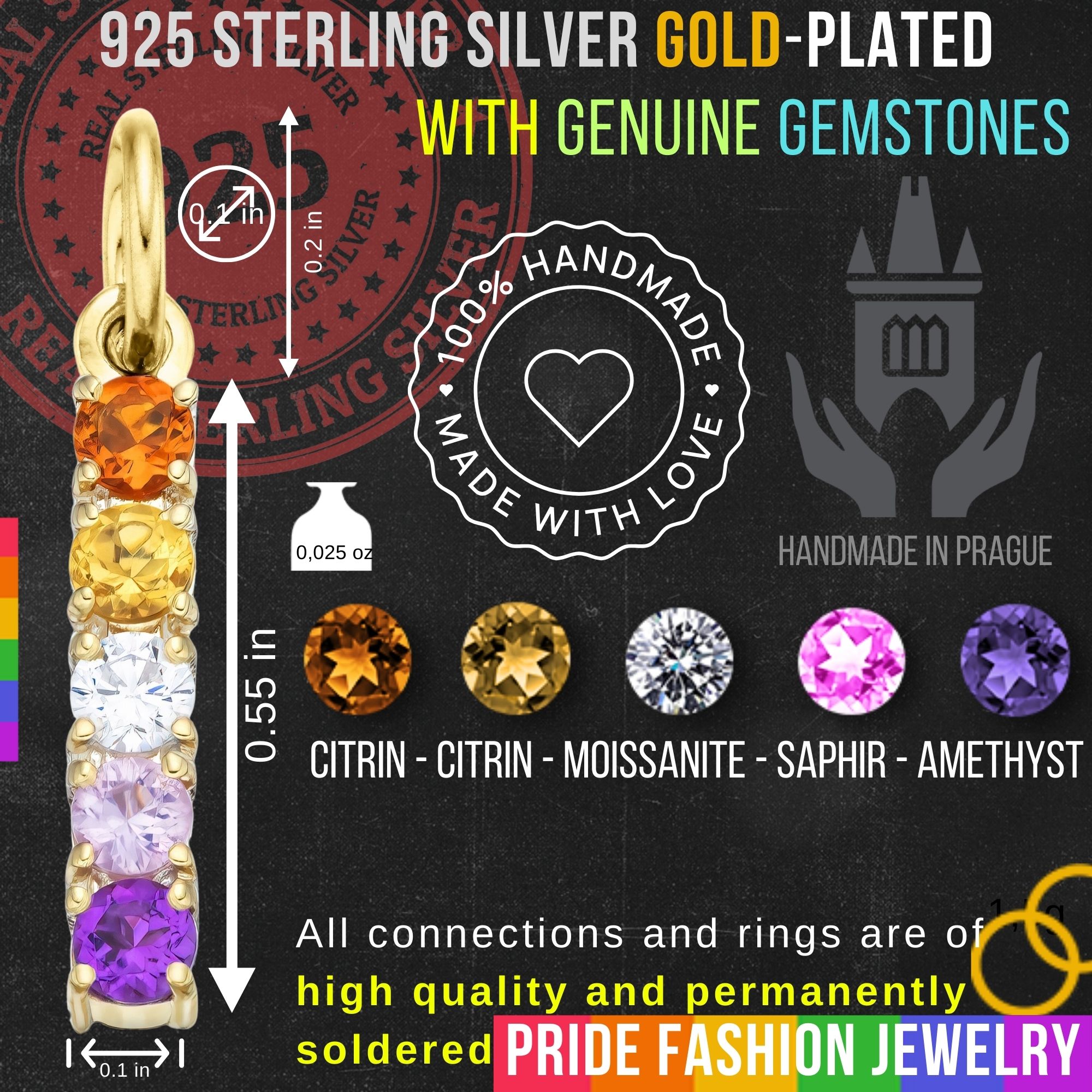 Lesbian 925 Sterling Silver Charm Flag Necklace with Ring Eye (Gold Plated) – 5 Gems