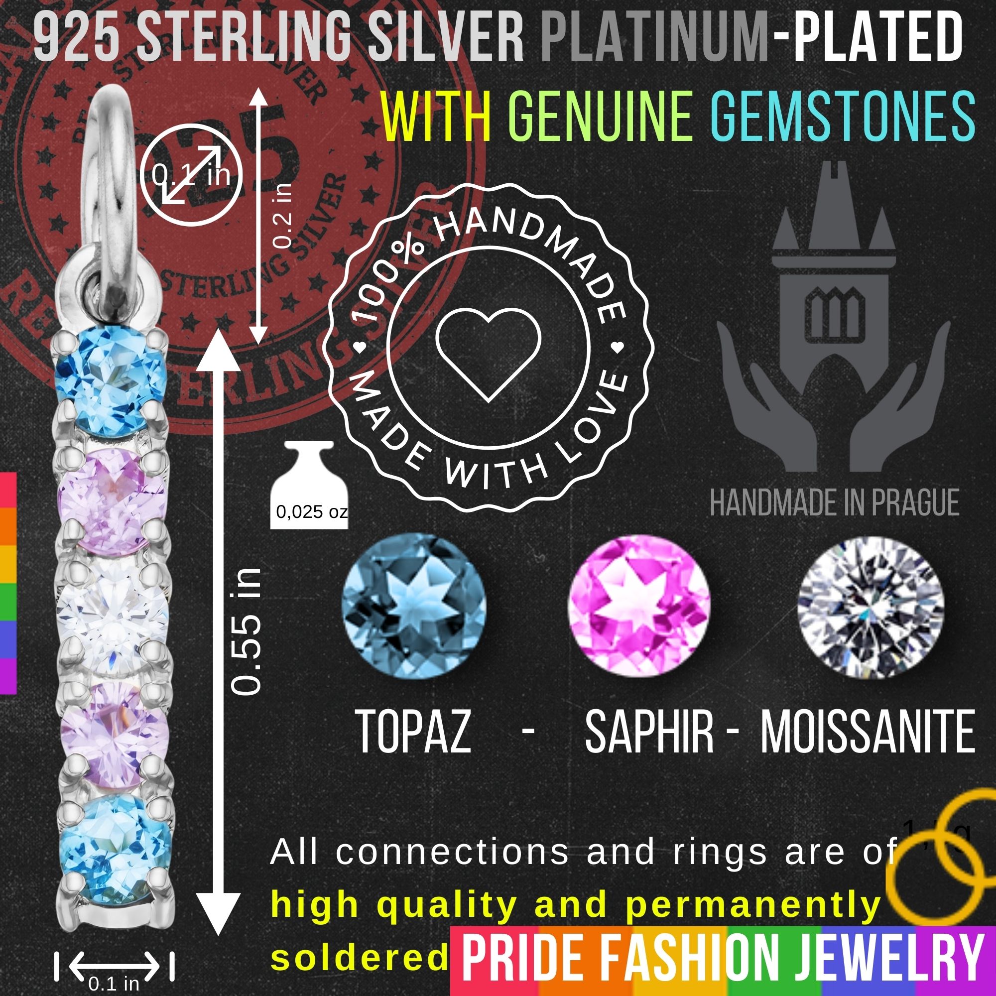 Transgender 925 Sterling Silver Charm Flag Necklace with Ring Eye (Platinum Plated) – 5 Gems