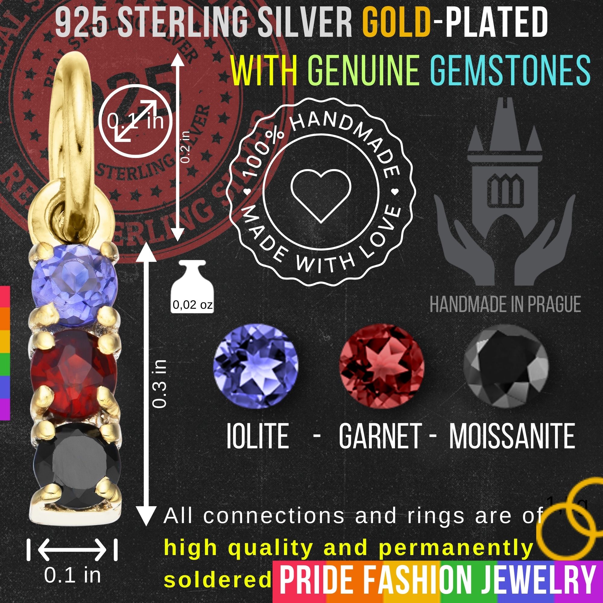 Polyamory 925 Sterling Silver Charm Flag Necklace with Ring Eye (Gold Plated) – 3 Gems