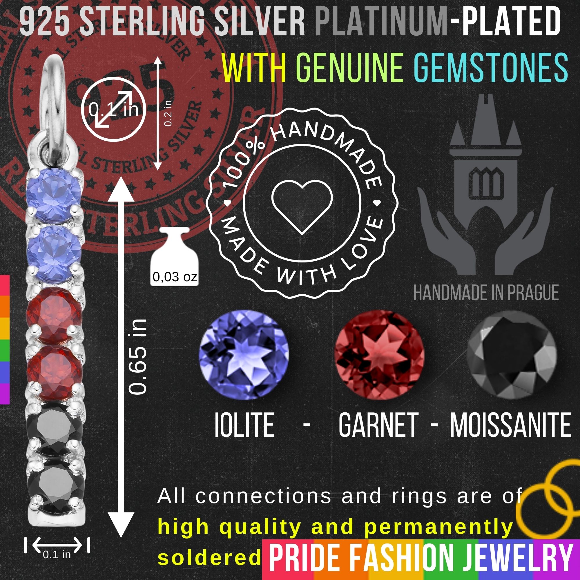 Polyamory 925 Sterling Silver Charm Flag Necklace with Ring Eye (Platinum Plated) – 6 Gems