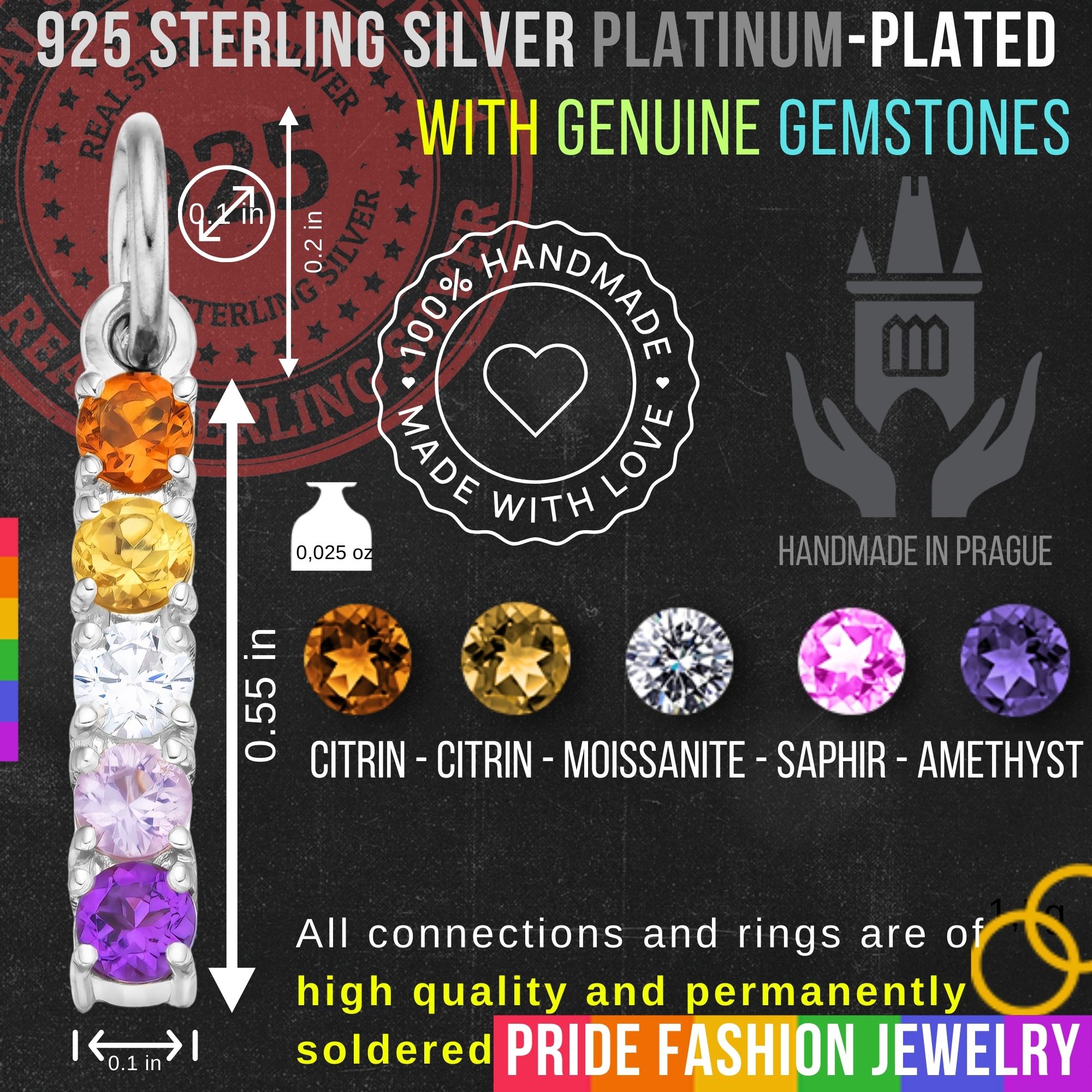 Lesbian 925 Sterling Silver Charm Flag Necklace with Ring Eye (Platinum Plated) – 5 Gems