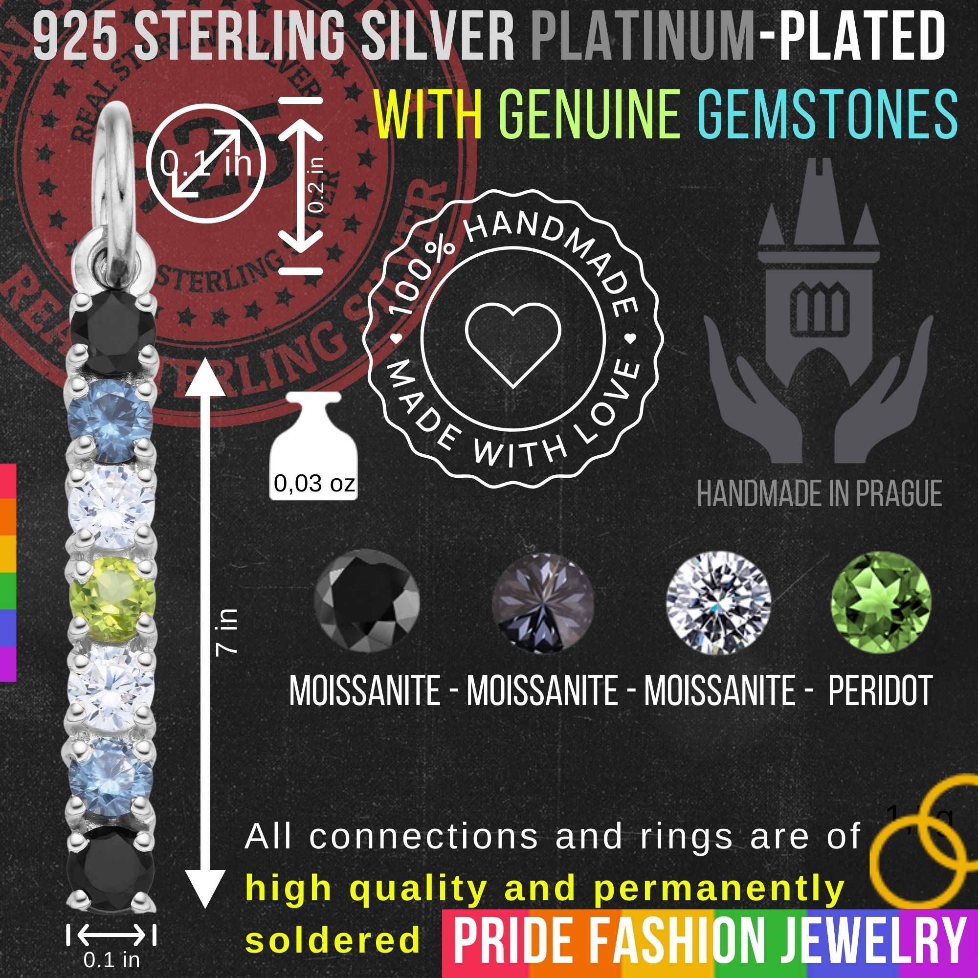 Agender 925 Sterling Silver Charm Flag Necklace with Ring Eye (Platinum Plated) – 7 Gems