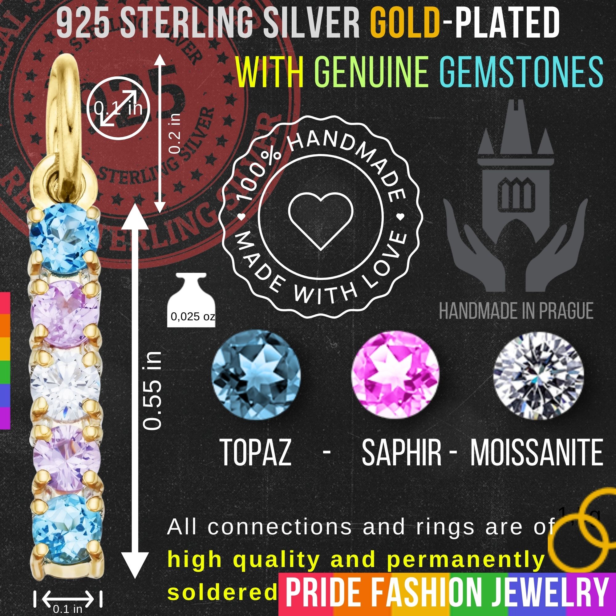 Transgender 925 Sterling Silver Charm Flag Necklace with Ring Eye (Gold Plated) – 5 Gems