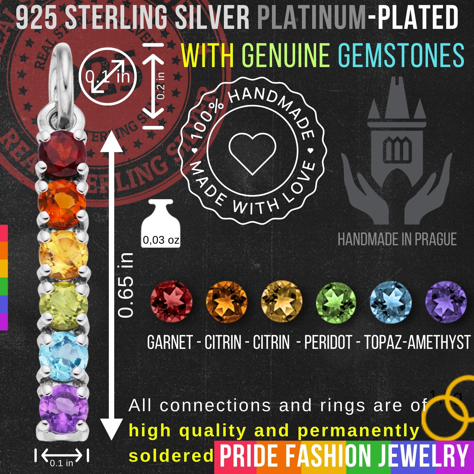 LGBTQ+ 925 Sterling Silver Charm Flag Necklace with Ring Eye (Platinum Plated) – 6 Gems