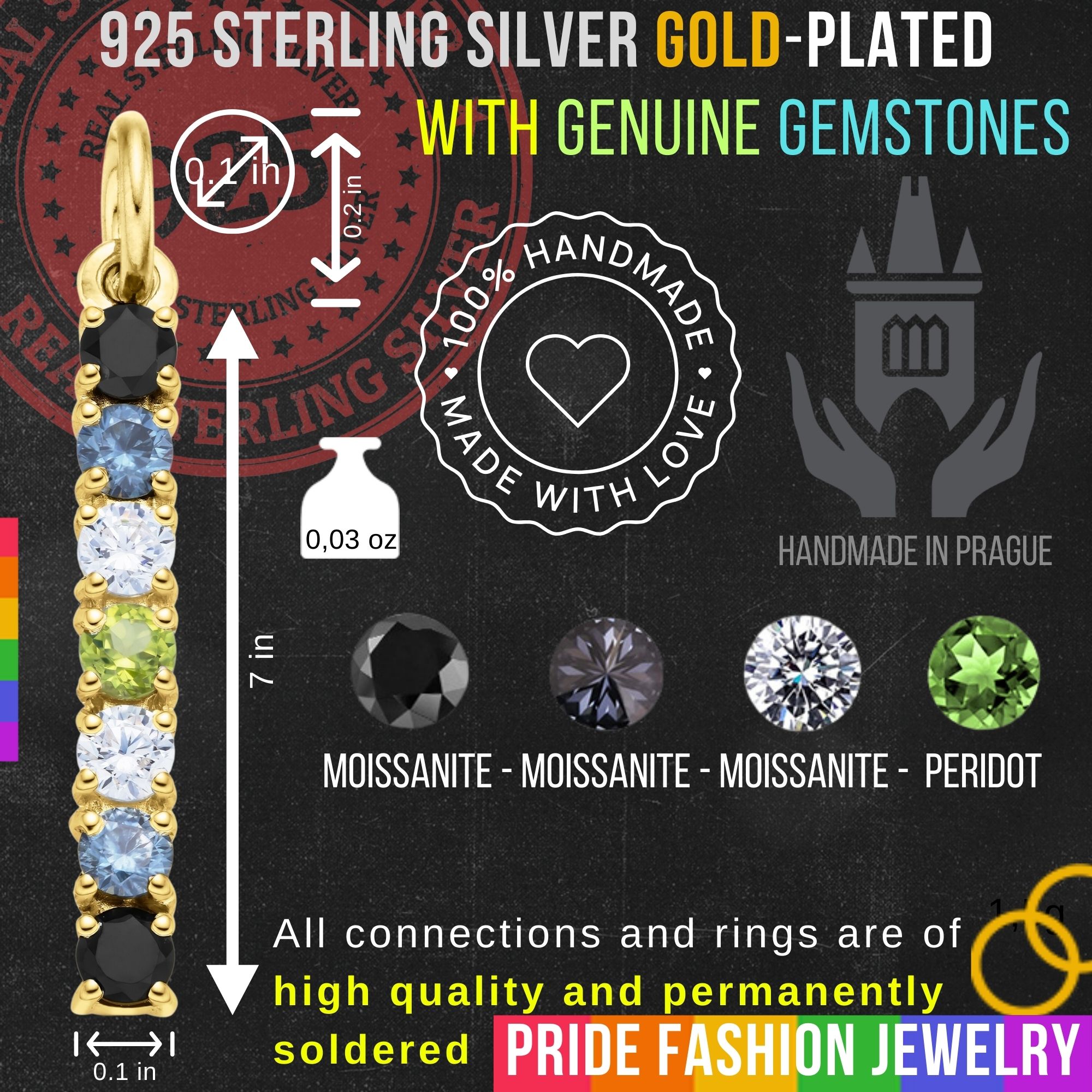 Agender 925 Sterling Silver Charm Flag Necklace with Ring Eye (Gold Plated) – 7 Gems