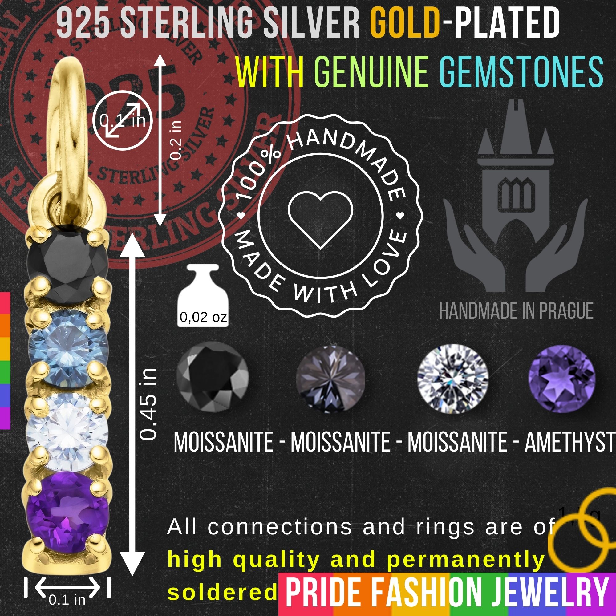 Asexual 925 Sterling Silver Charm Flag Necklace with Ring Eye (Gold Plated) – 4 Gems