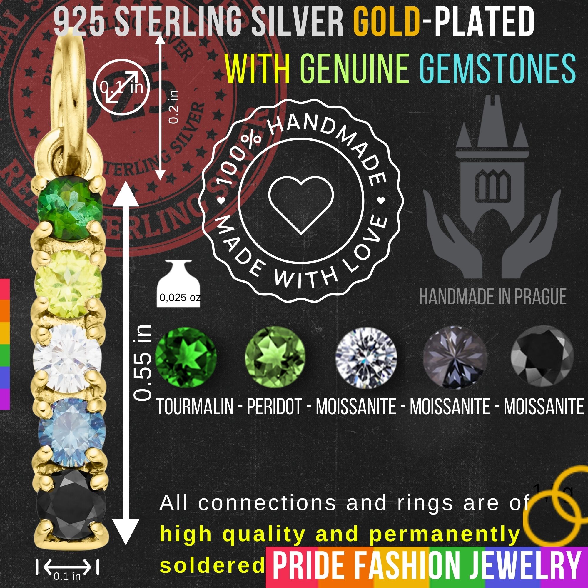 Aromantic 925 Sterling Silver Charm Flag Necklace with Ring Eye (Gold Plated) – 5 Gems