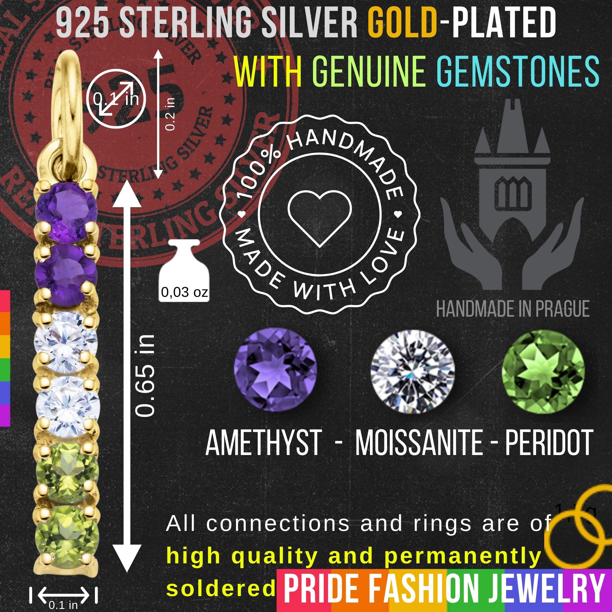Genderqueer 925 Sterling Silver Charm Flag Necklace with Ring Eye (Gold Plated) – 6 Gems