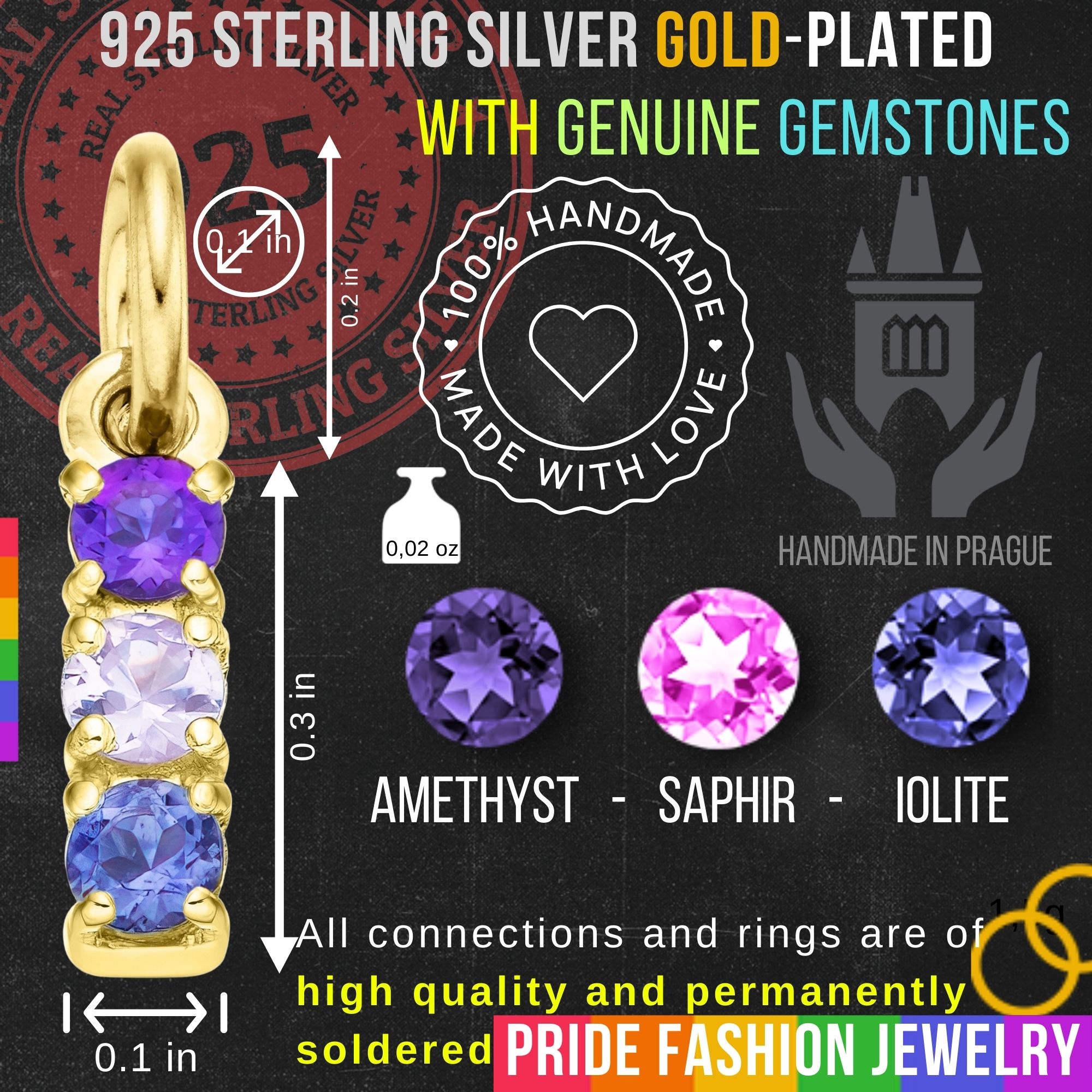 Bisexual 925 Sterling Silver Charm Flag Necklace with Ring Eye (Gold Plated) – 3 Gems