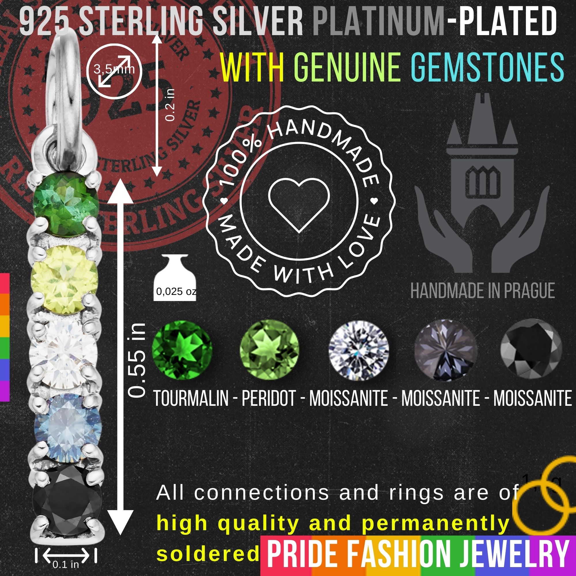 Aromantic 925 Sterling Silver Charm Flag Necklace with Ring Eye (Platinum Plated) – 5 Gems