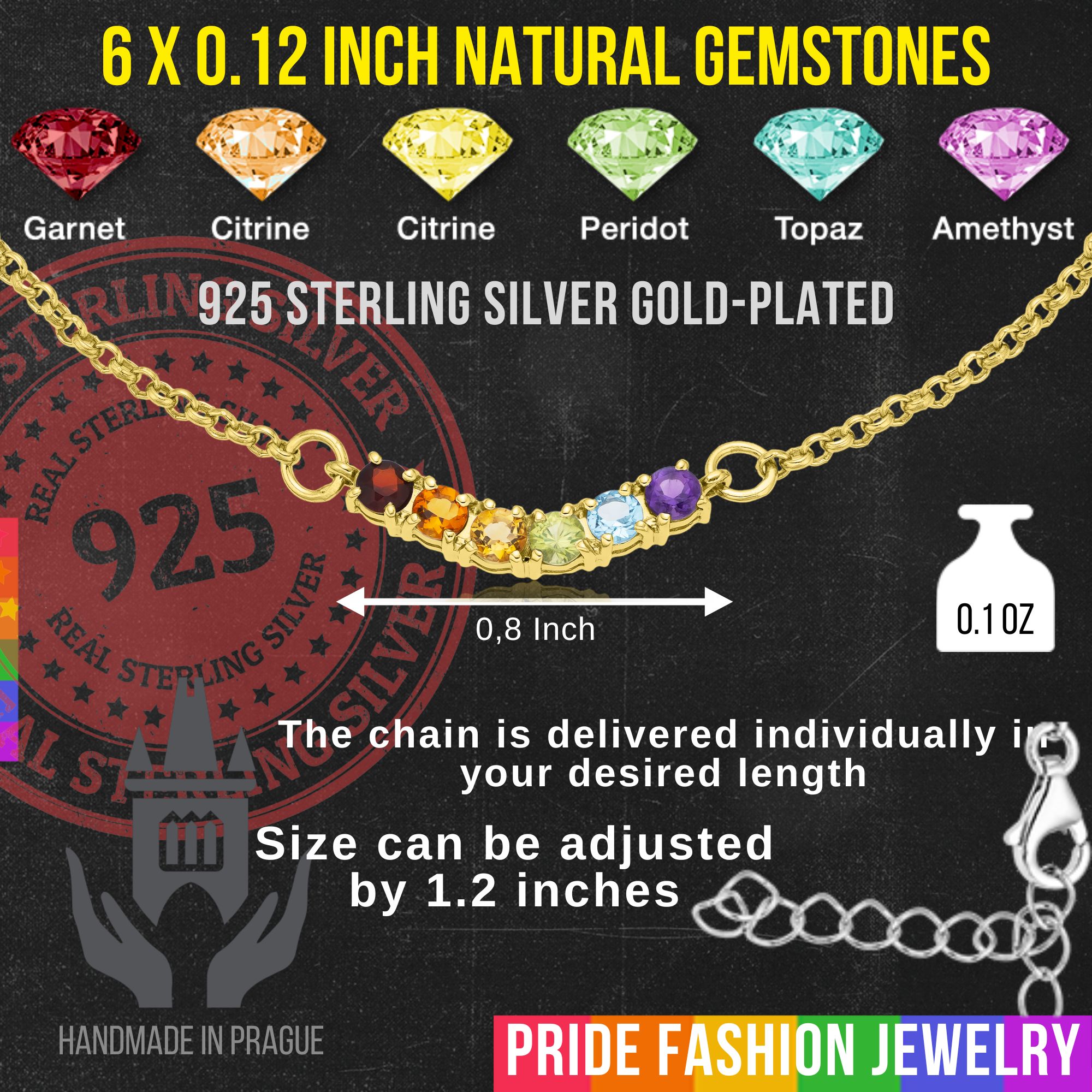 LGBTQIA+ Bracelet 925 Sterling Silver (Gold Plated, 1/12-inch PRIDE Chain) – Arch 6 Gems