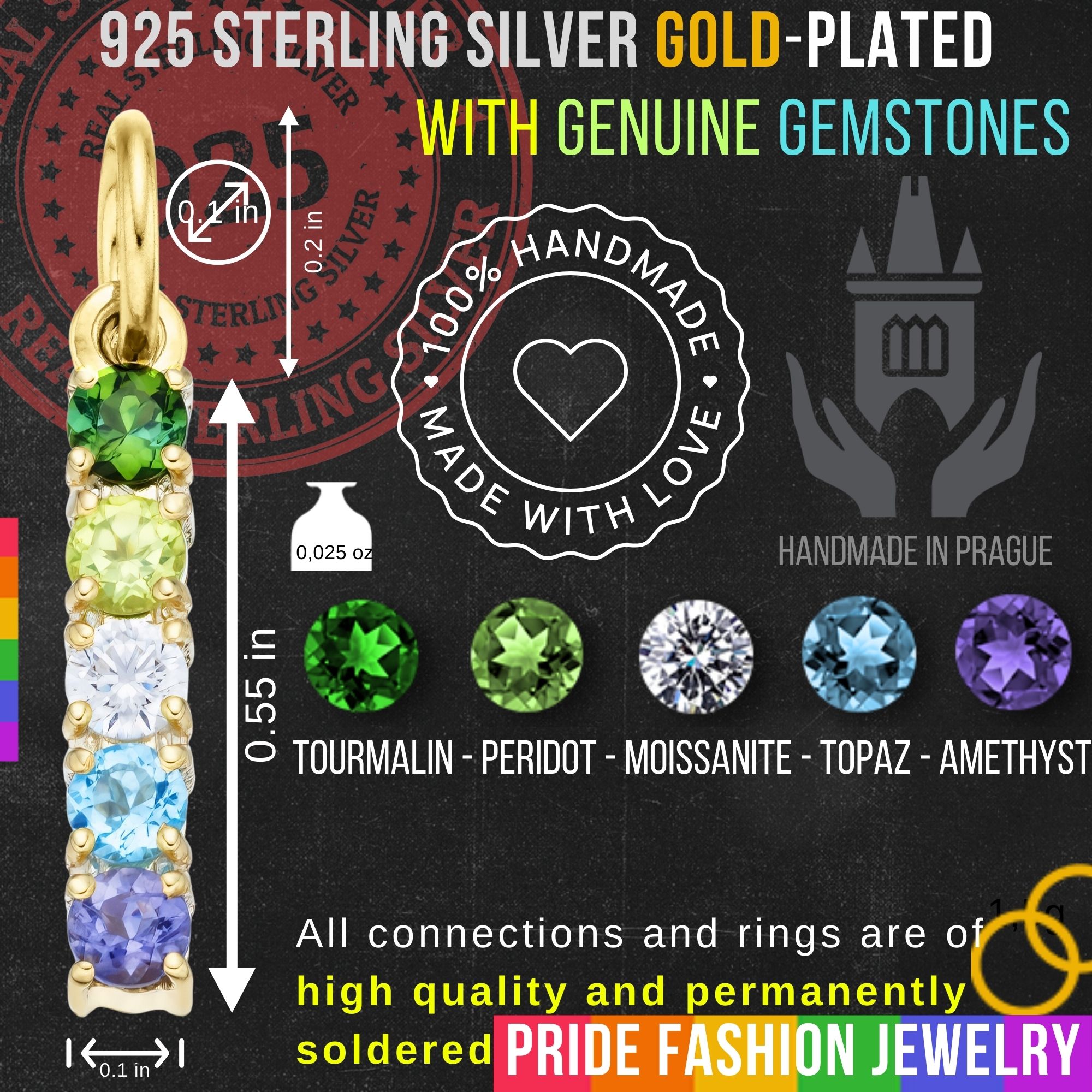 Gay 925 Sterling Silver Charm Flag Necklace with Ring Eye (Gold Plated) – 5 Gems