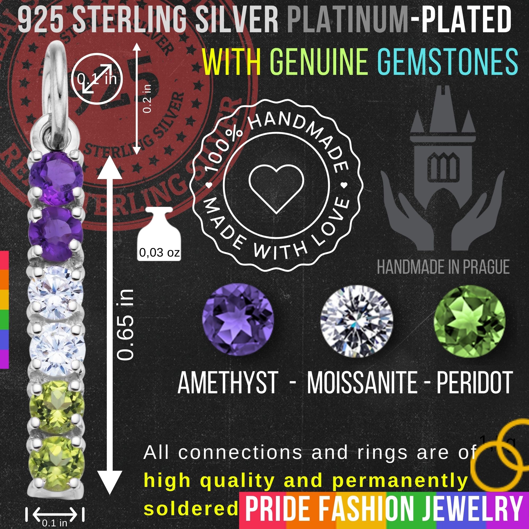 Genderqueer 925 Sterling Silver Charm Flag Necklace with Ring Eye (Platinum Plated) – 6 Gems
