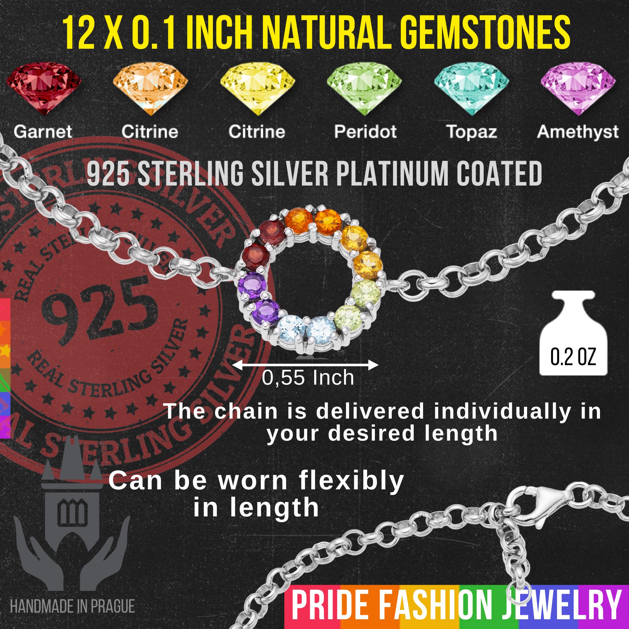 LGBTQIA+ Bracelet 925 Sterling Silver (Platinum Plated, 1/8-inch PRIDE Chain) – Round 12 Gems