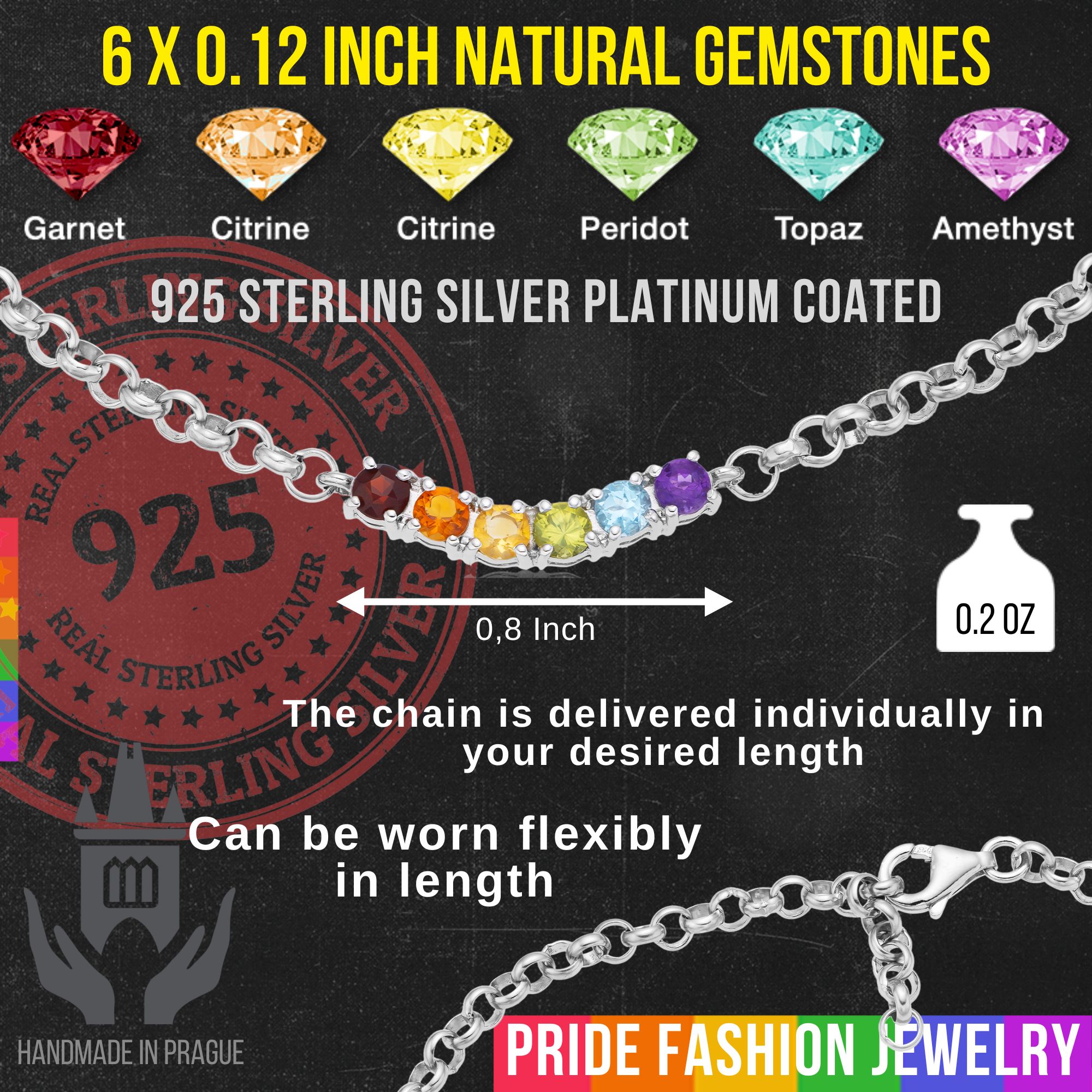 LGBTQIA+ Bracelet 925 Sterling Silver (Platinum Plated, 1/8-inch PRIDE Chain) – Arch 6 Gems