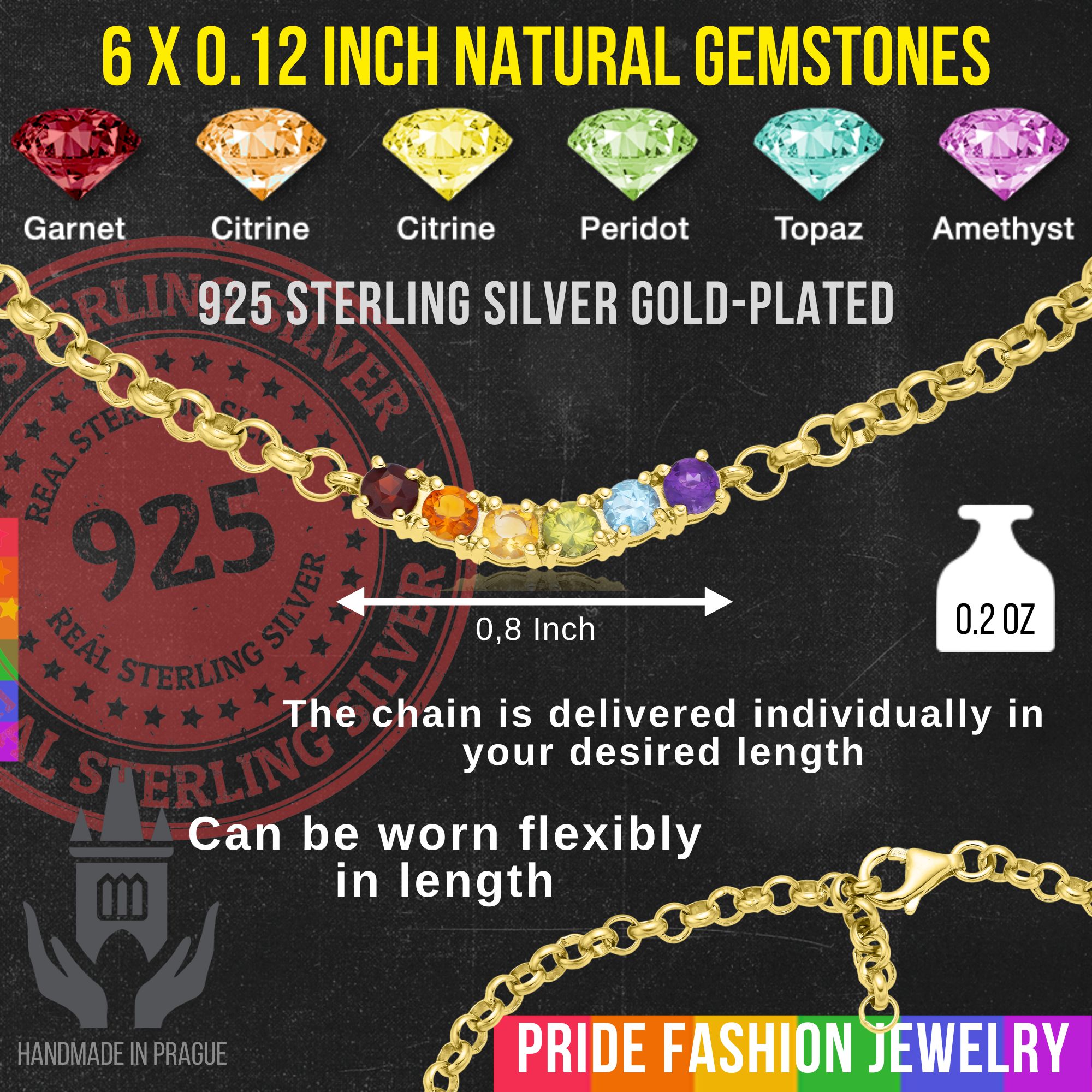 LGBTQIA+ Bracelet 925 Sterling Silver (Gold Plated, 1/8-inch PRIDE Chain) – Arch 6 Gems