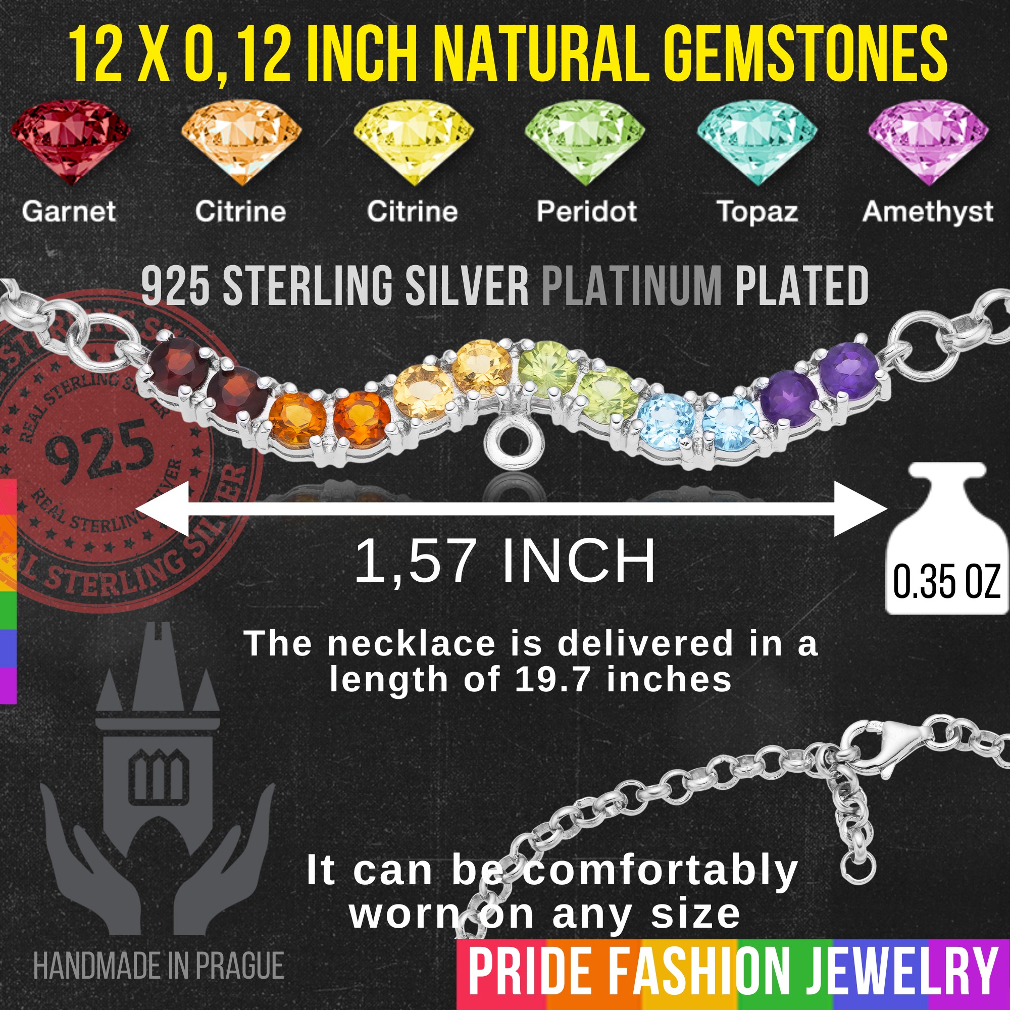 LGBTQIA+ Necklace 925 Sterling Silver (Platinum Plated, 0.12 inch PRIDE Chain) – 12 Gems