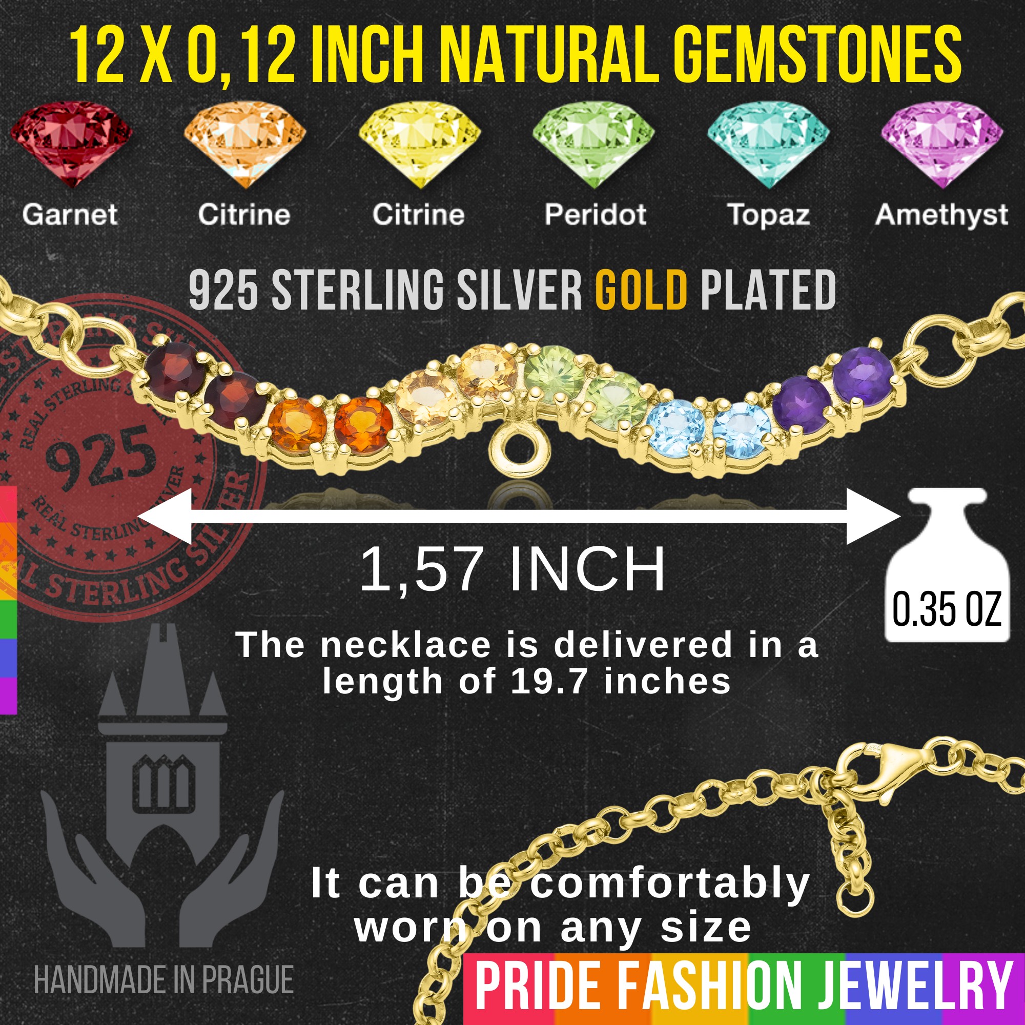 LGBTQIA+ Necklace 925 Sterling Silver (Gold Plated, 0.12 inch PRIDE Chain) – 12 Gems