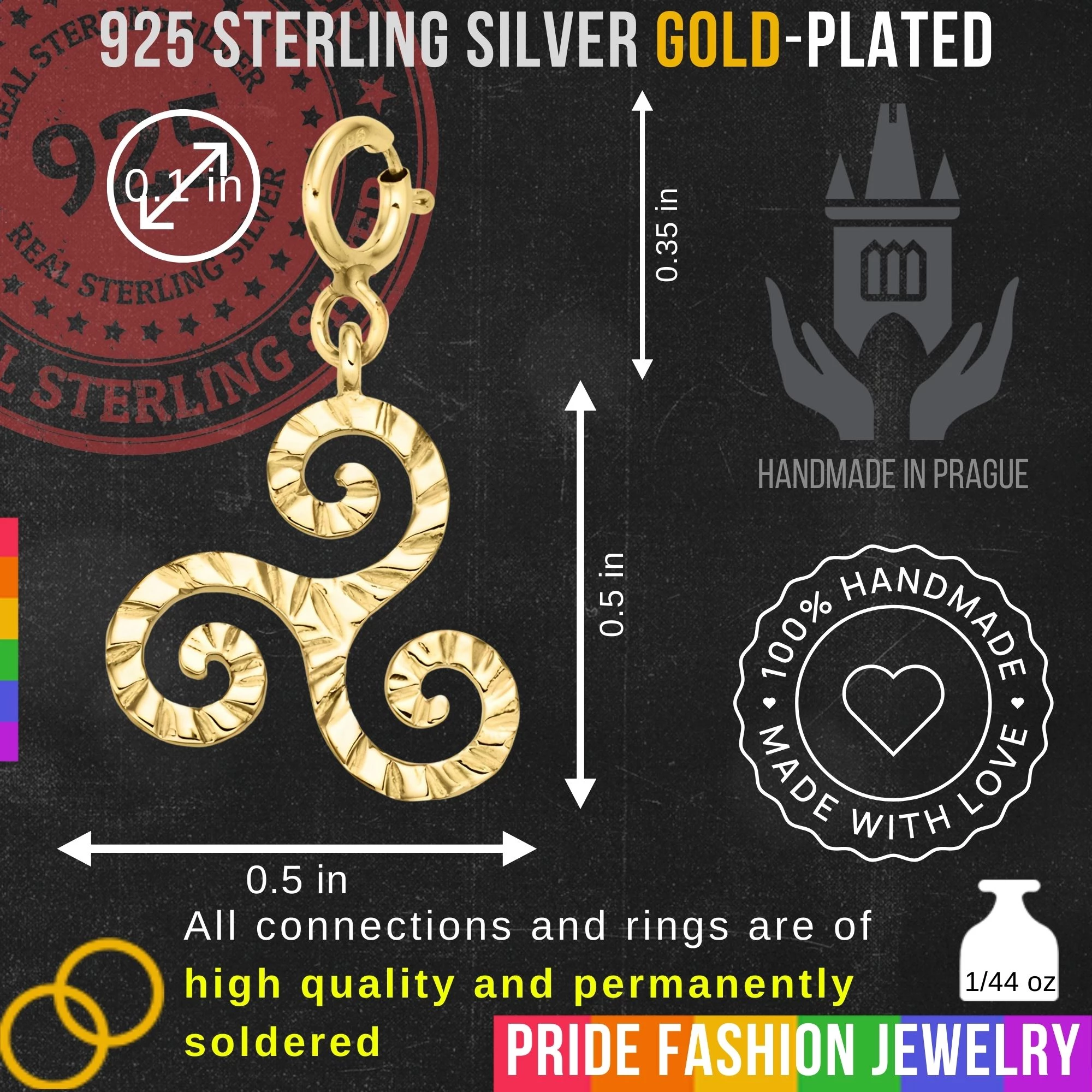 Celtic Triskelion 925 Sterling Silver Charm Necklace with Spring Clasp – Small (Gold Plated)