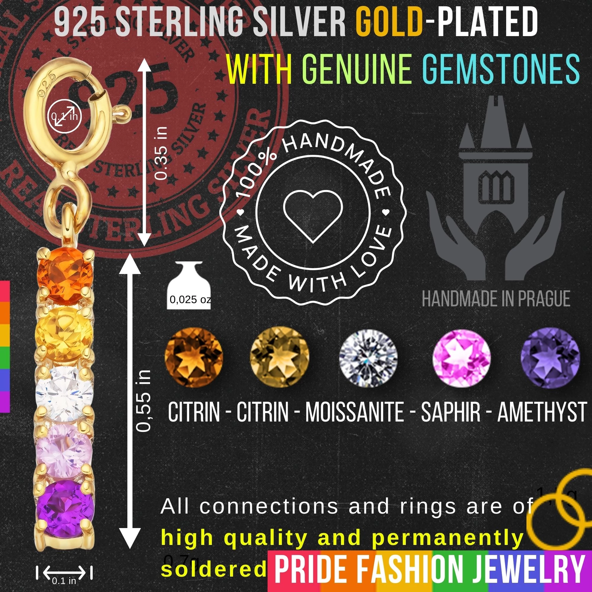 Lesbian 925 Sterling Silver Charm Flag Necklace with Spring Clasp (Gold Plated) – 5 Gems