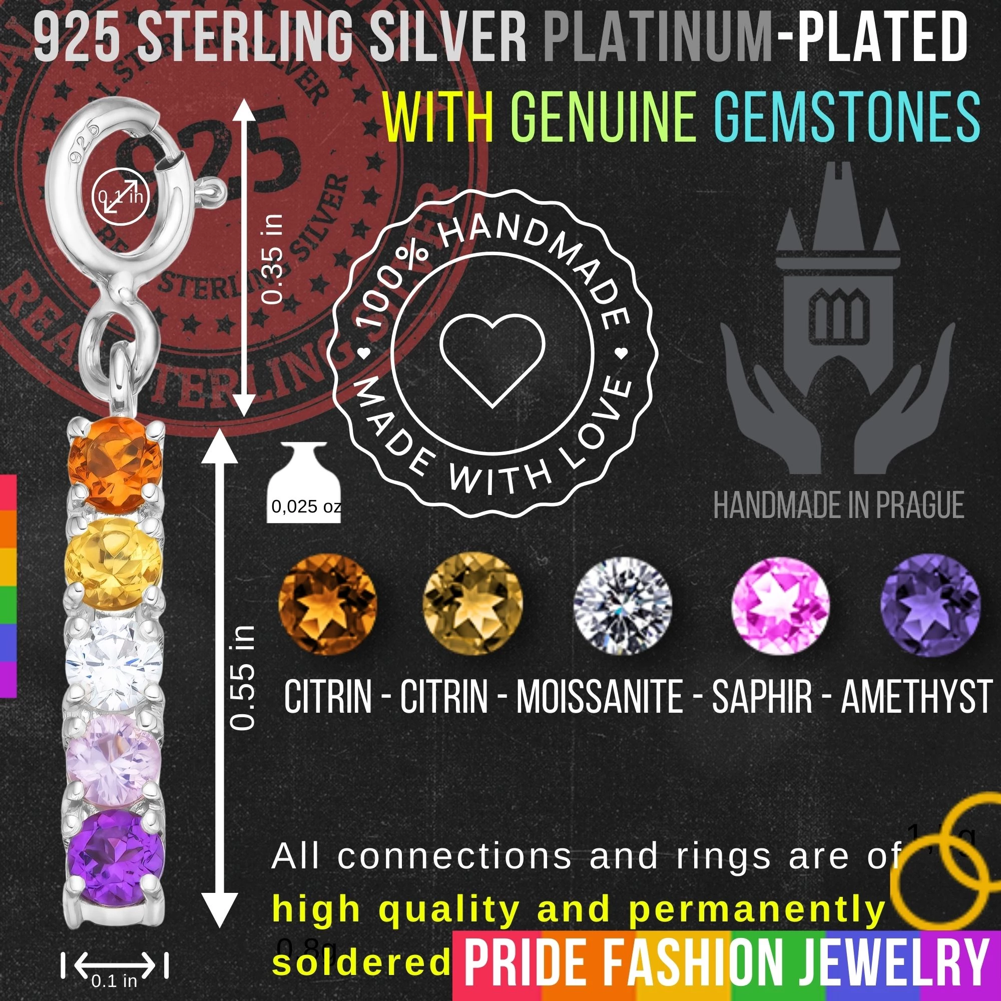 Lesbian 925 Sterling Silver Charm Flag Necklace with Spring Clasp (Platinum Plated) – 5 Gems