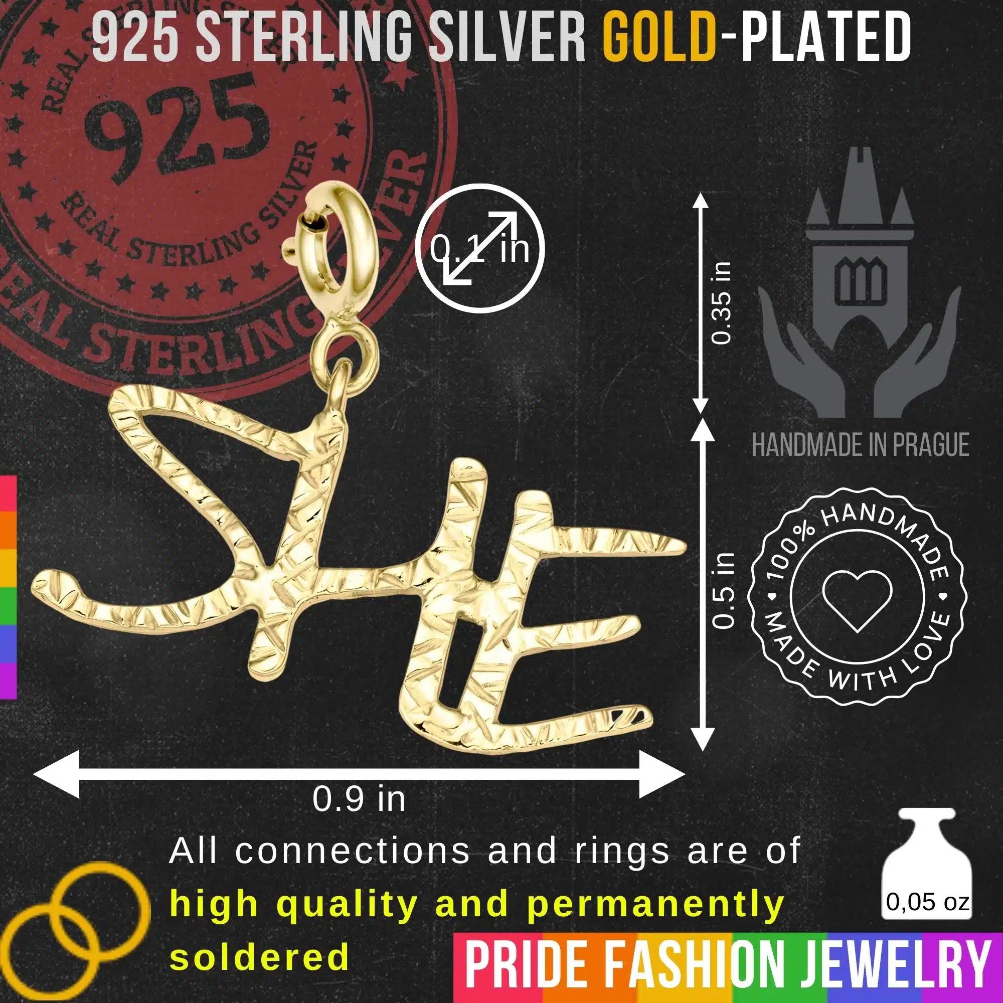 SHE Pronoun 925 Sterling Silver Charm Necklace with Spring Clasp (Gold Plated)