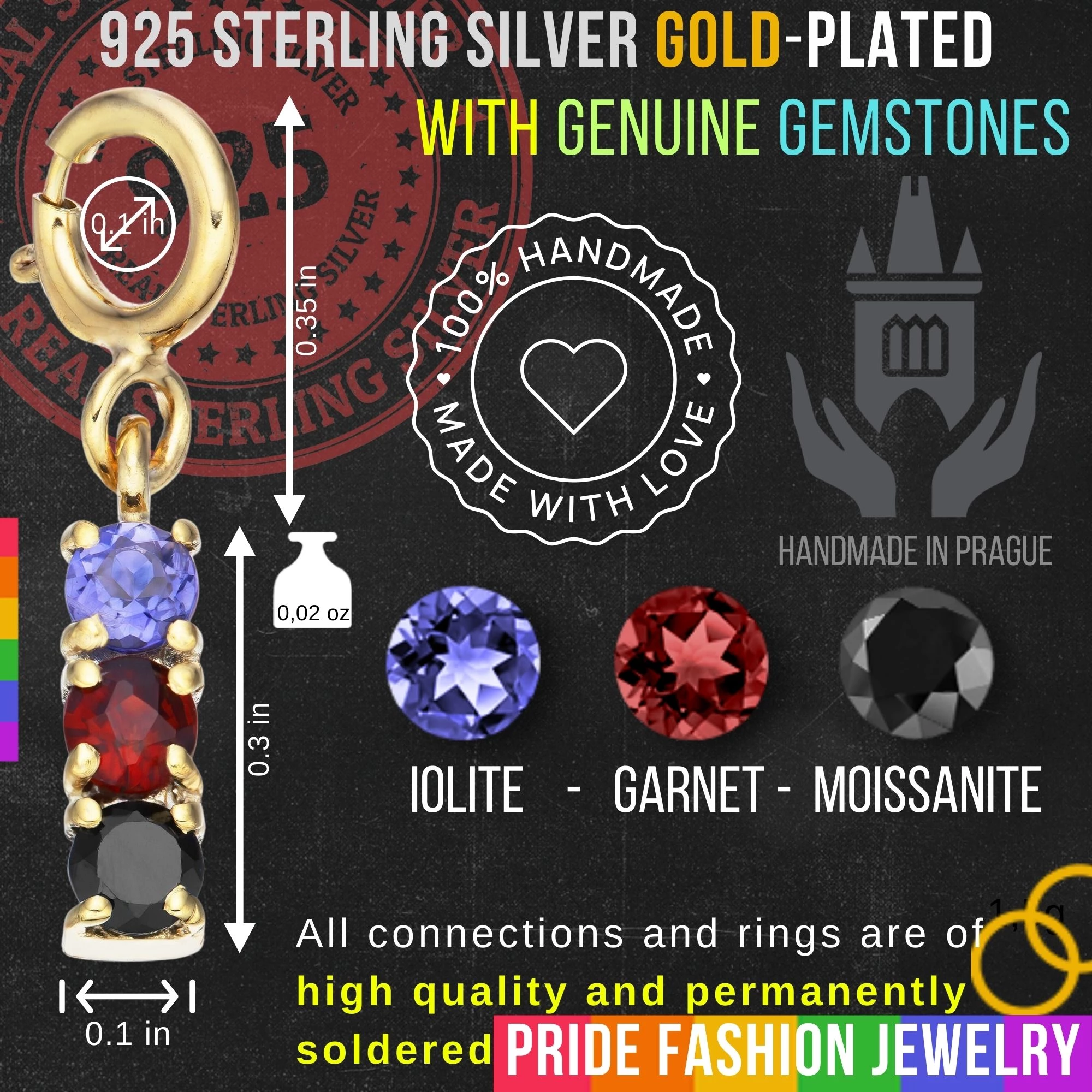 Polyamory 925 Sterling Silver Charm Flag Necklace with Spring Clasp (Gold Plated) – 3 Gems