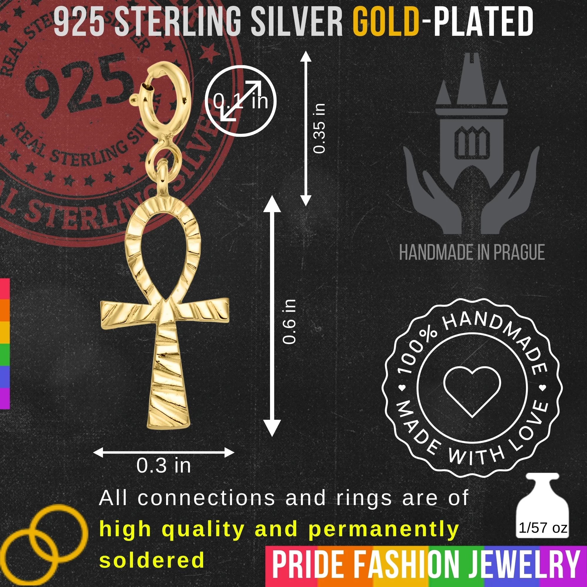 Ankh 925 Sterling Silver Charm Necklace with Spring Clasp – Small (Gold Plated)