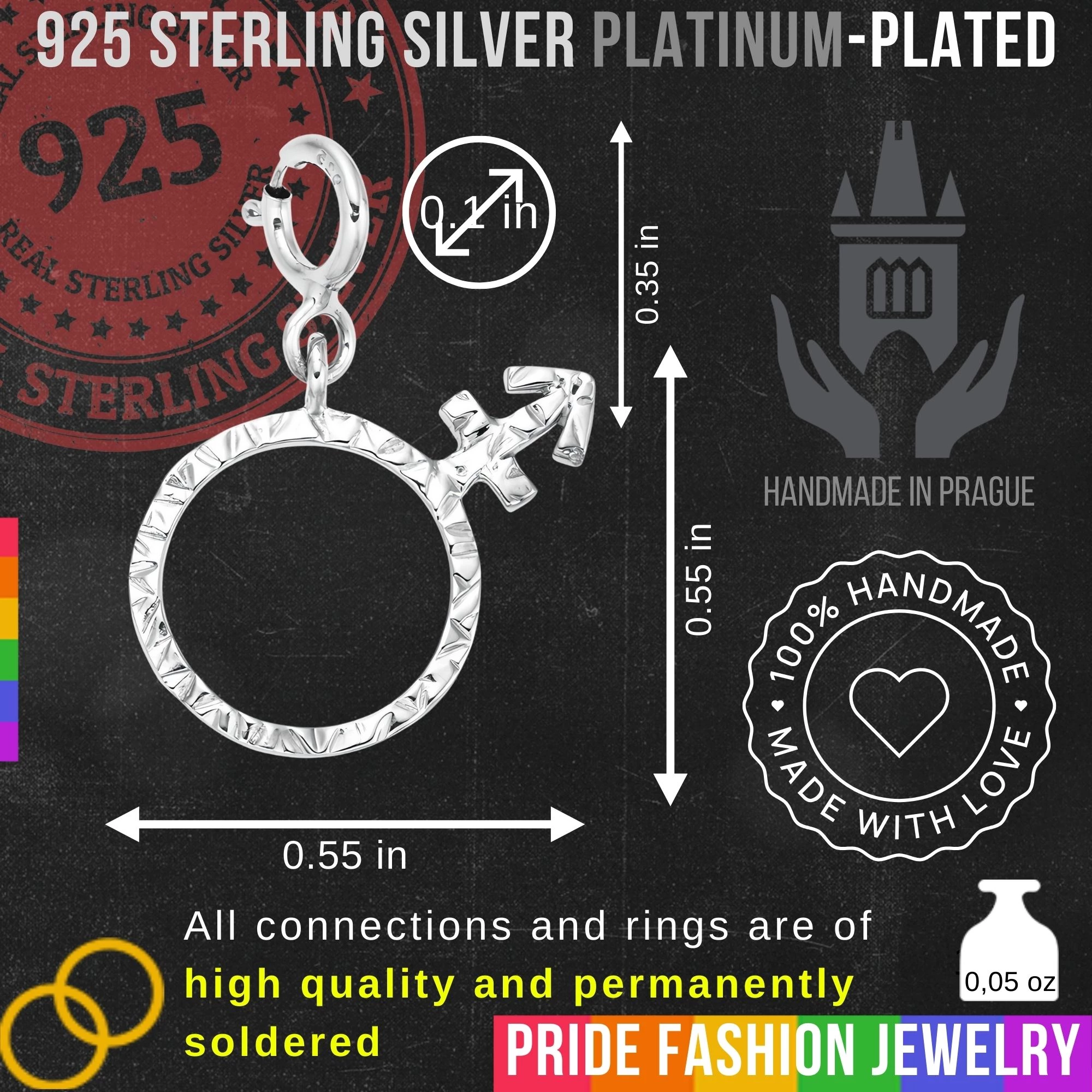 Androgynous 925 Sterling Silver Charm Necklace with Spring Clasp (Platinum Plated)