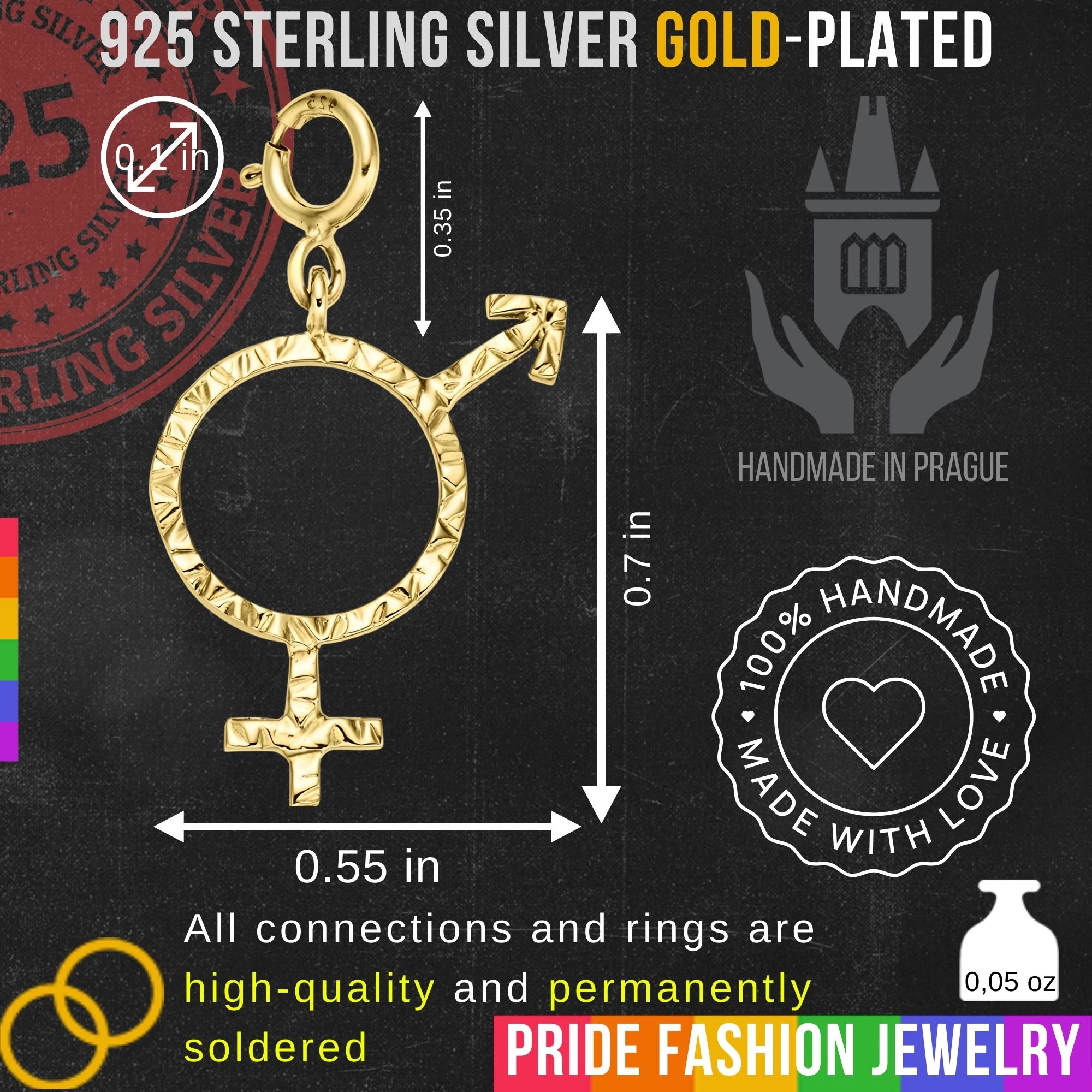 BiGender 925 Sterling Silver Charm Necklace with Spring Clasp (Gold Plated)