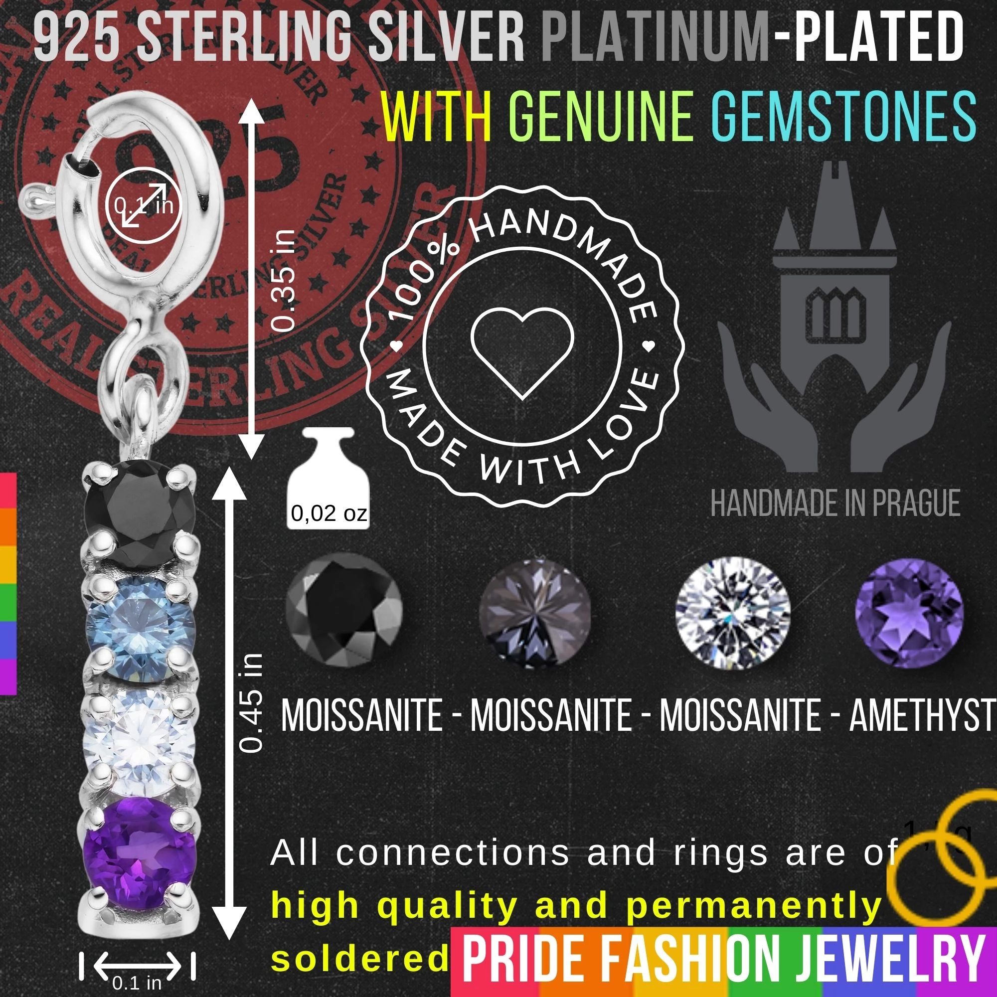 Asexual 925 Sterling Silver Charm Flag Necklace with Spring Clasp (Platinum Plated) – 4 Gems