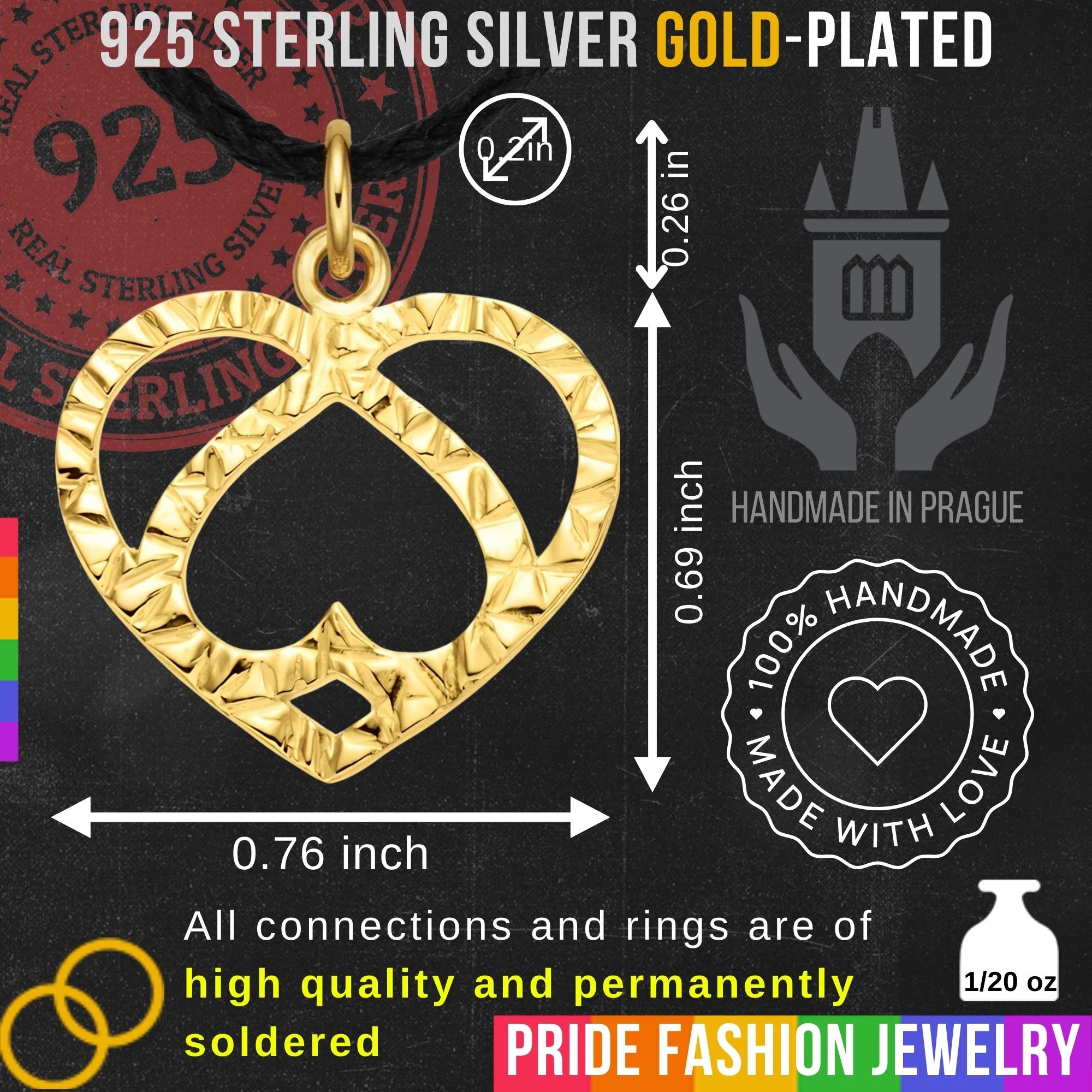 Double Heart 925 Sterling Silver Charm Necklace with Ring Eye – Medium (Gold Plated)