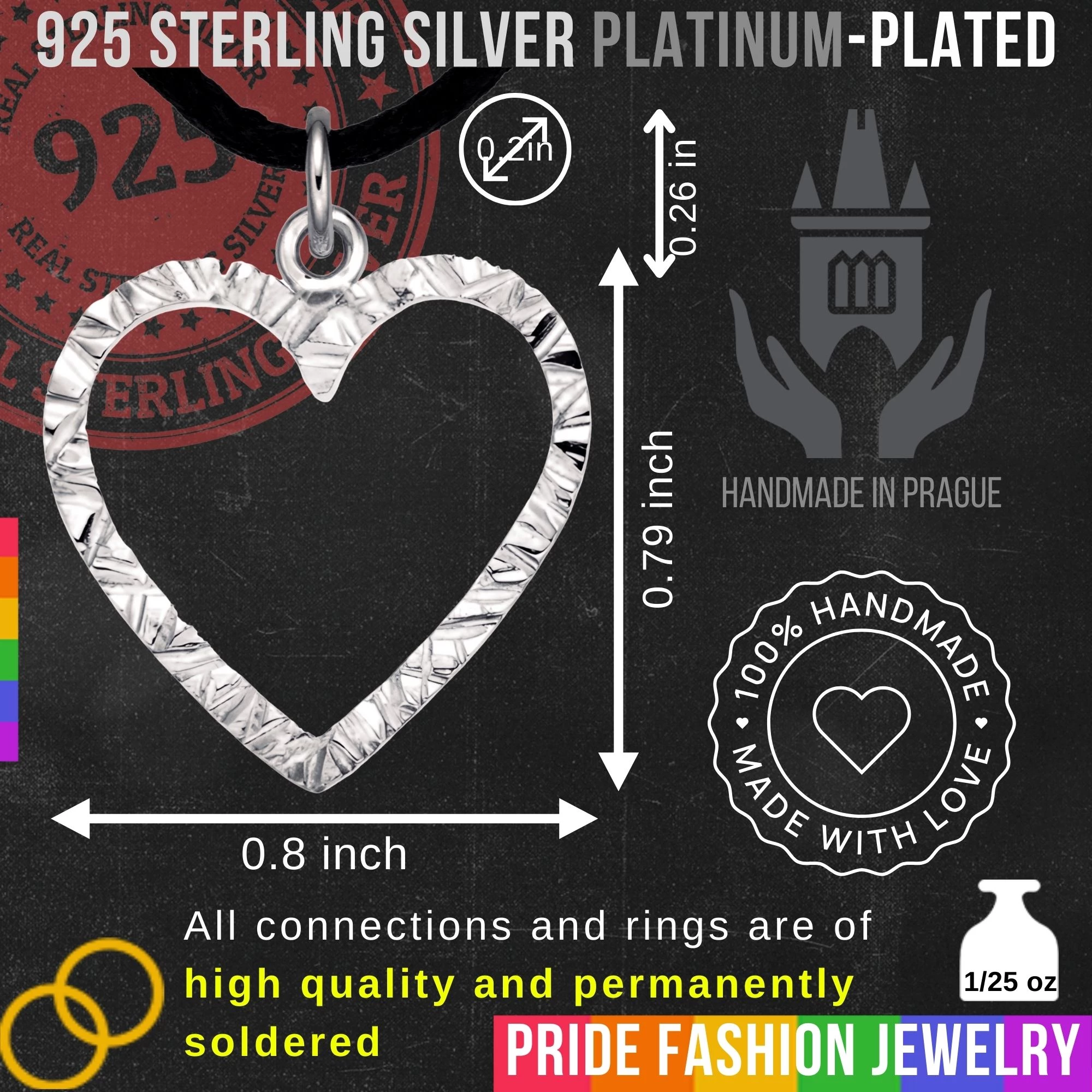 Heart 925 Sterling Silver Charm Necklace with Ring Eye – Medium (Platinum Plated)