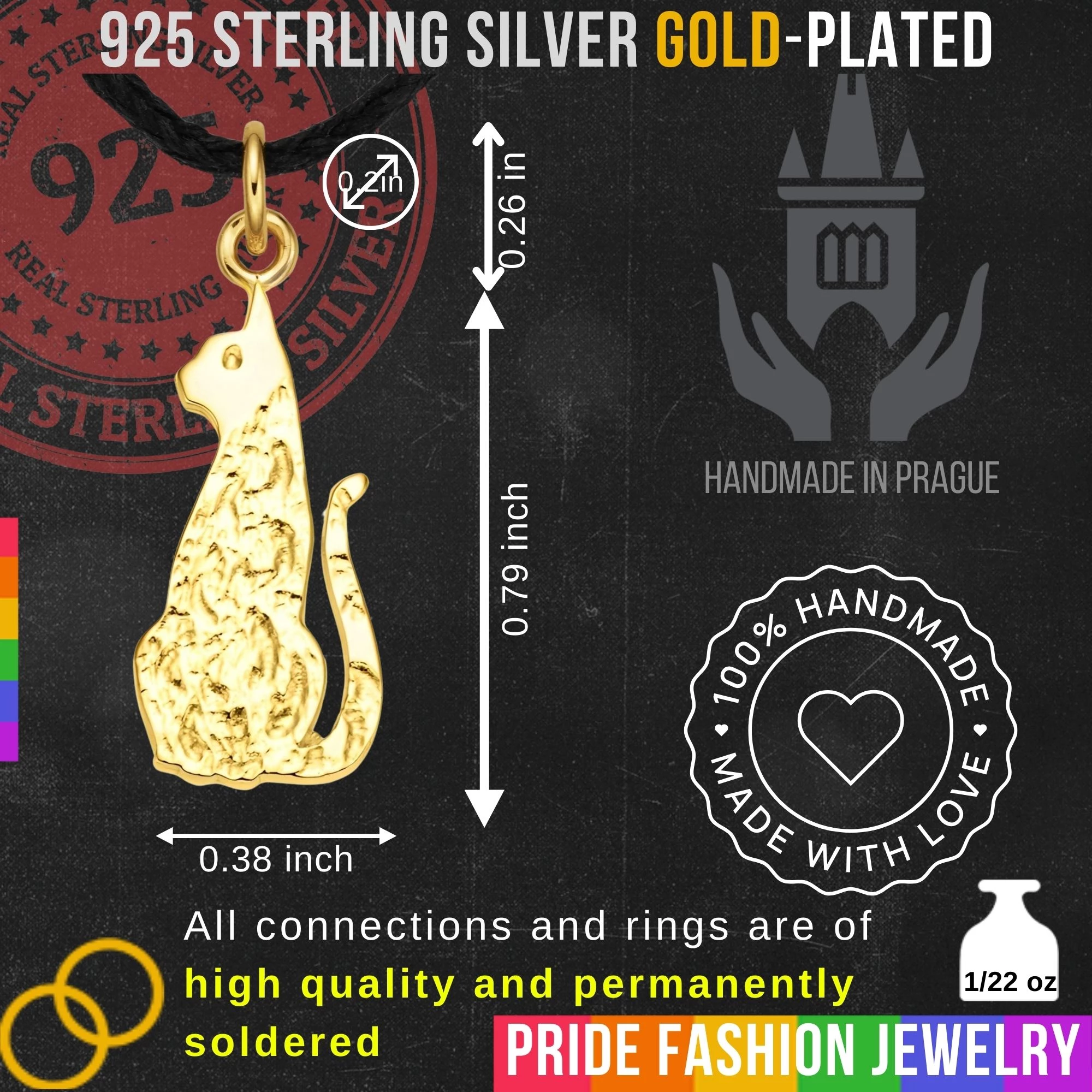 Cat 925 Sterling Silver Charm Necklace with Ring Eye – Medium (Gold Plated)