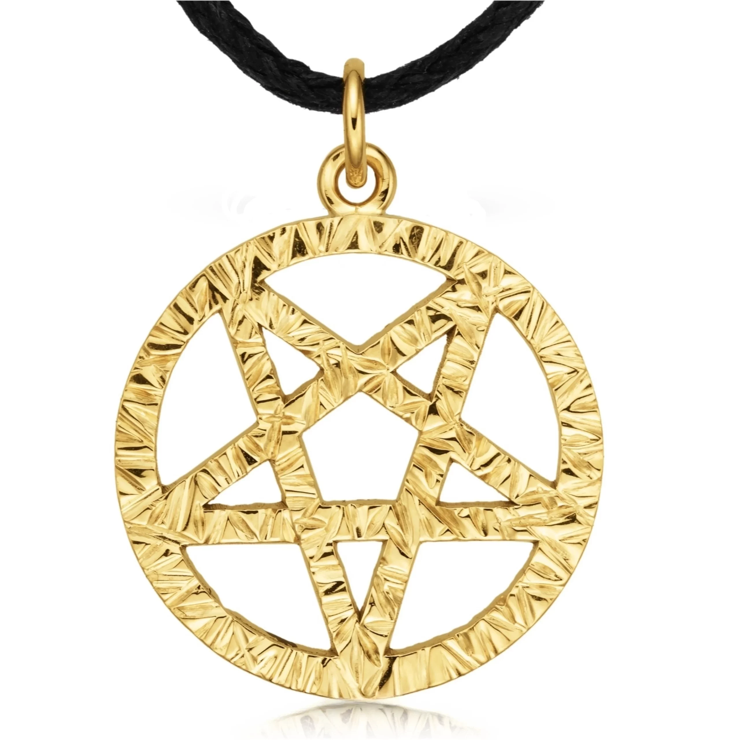 Inverted Baphomet Pentagram 925 Sterling Silver Charm Necklace with Ring Eye – Medium (Gold Plated)