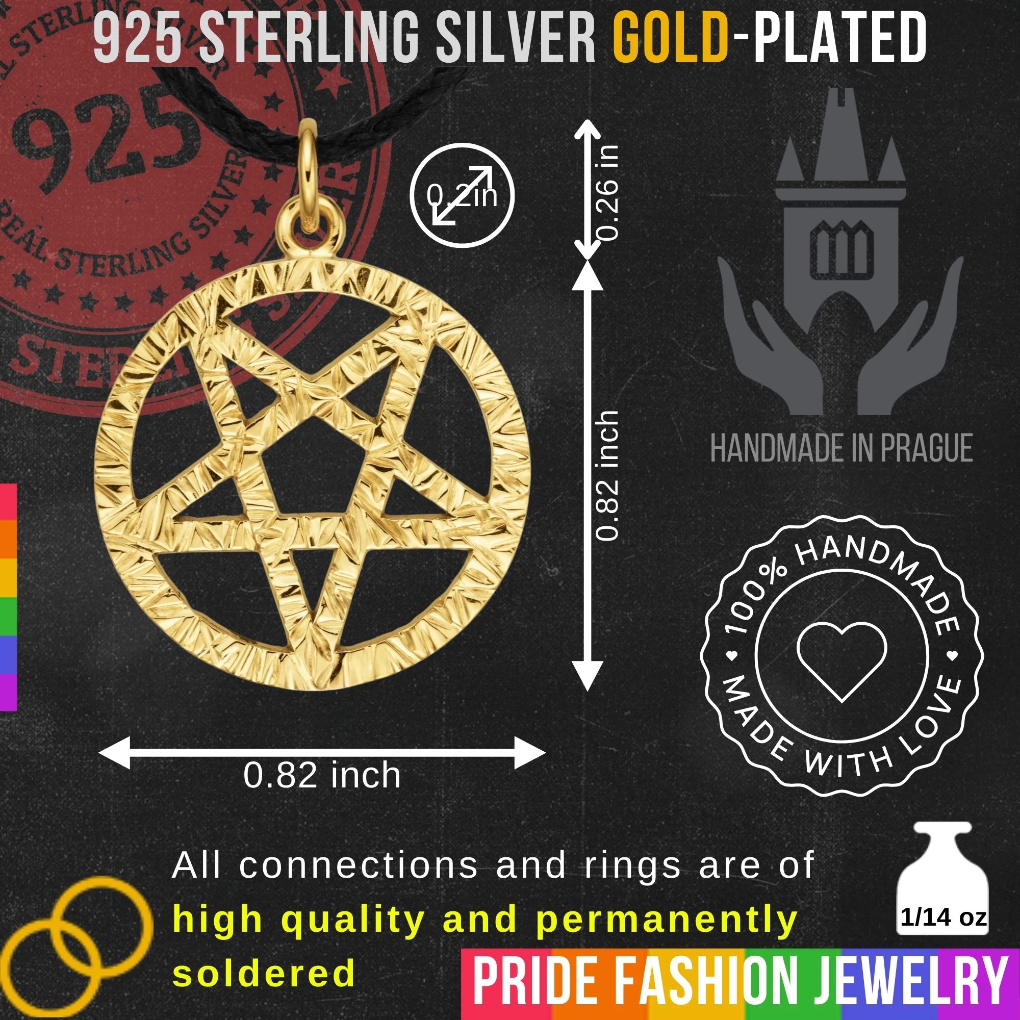 Inverted Baphomet Pentagram 925 Sterling Silver Charm Necklace with Ring Eye – Medium (Gold Plated)