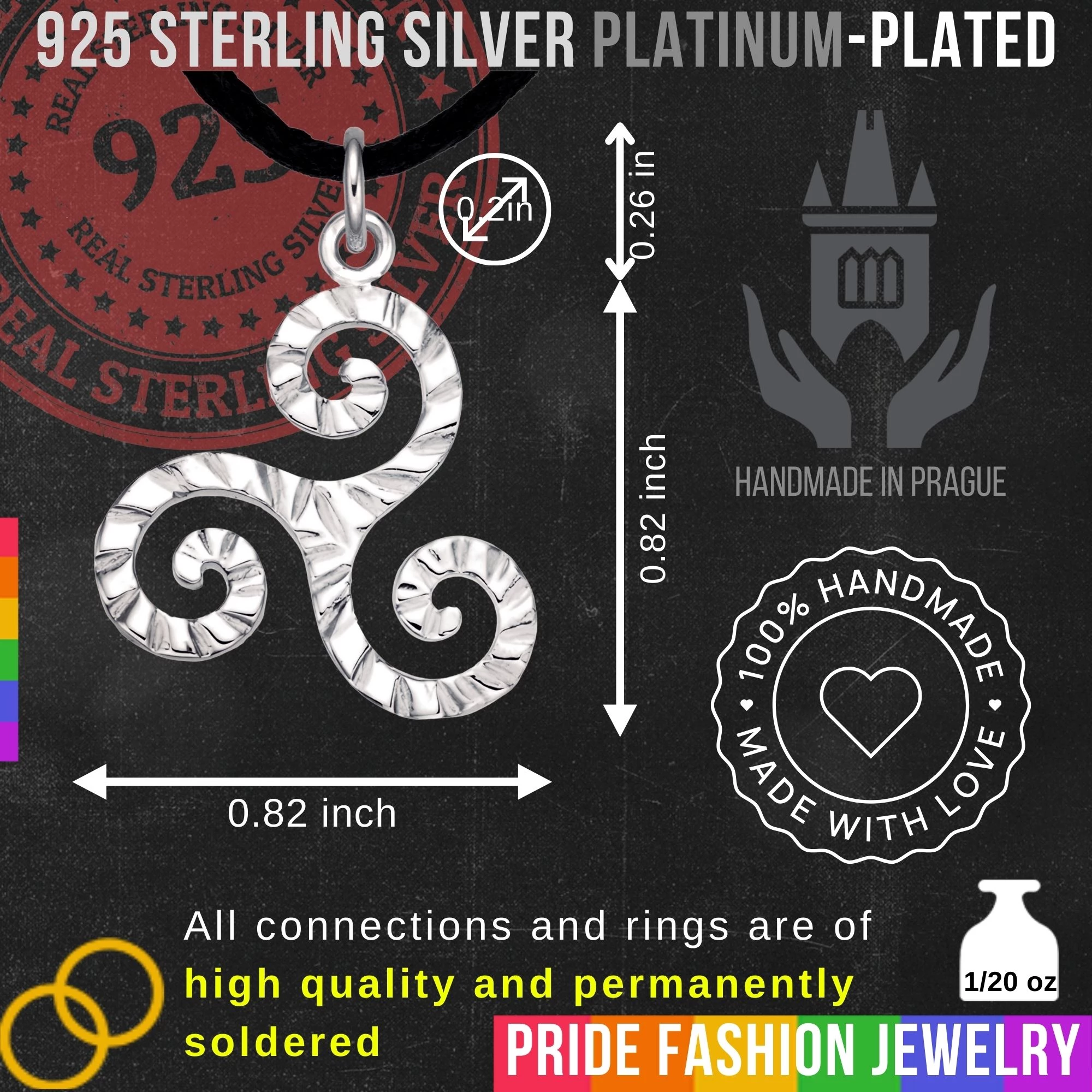 Celtic Triskelion 925 Sterling Silver Charm Necklace with Ring Eye – Medium (Platinum Plated)