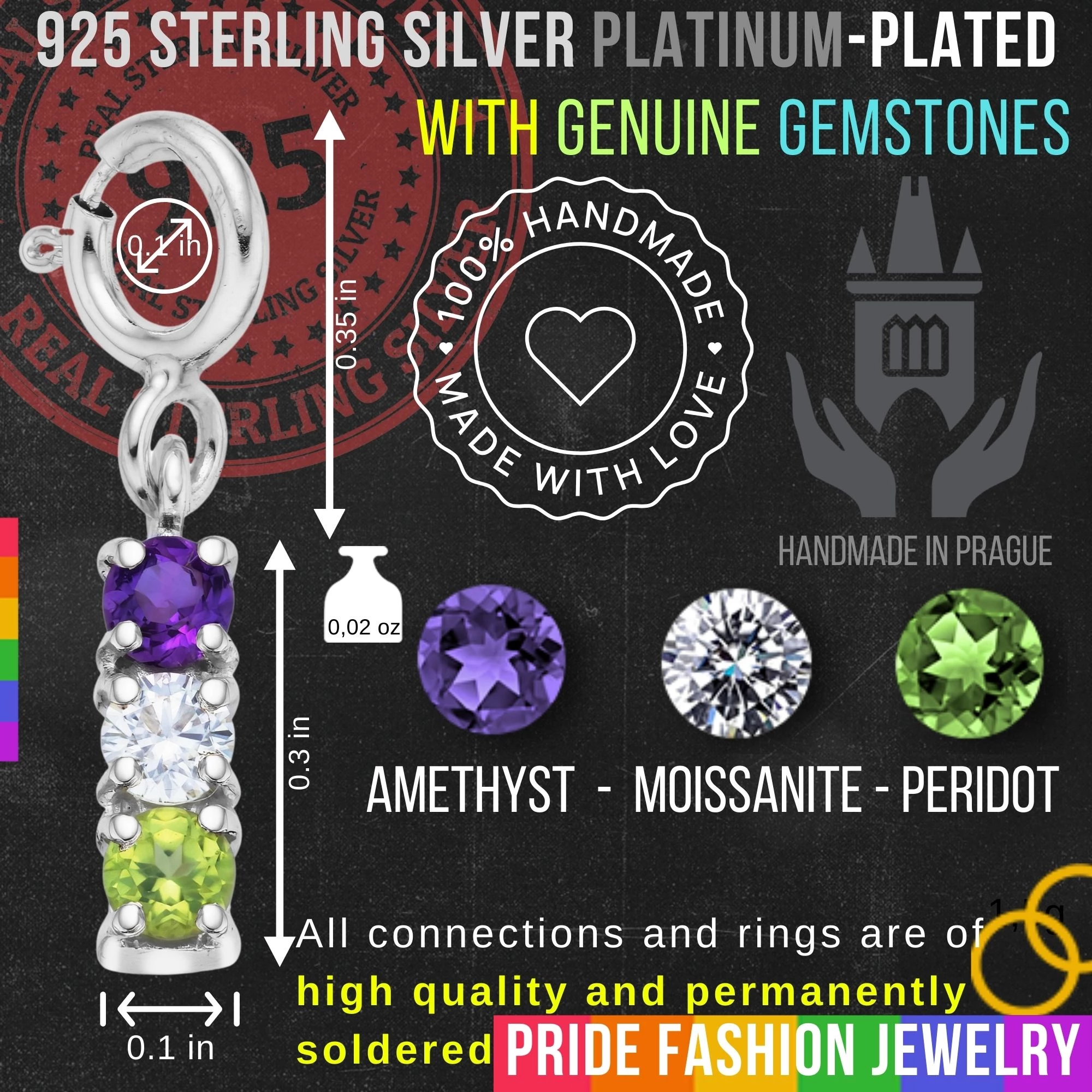 Genderqueer 925 Sterling Silver Charm Flag Necklace with Spring Clasp (Platinum Plated) – 3 Gems