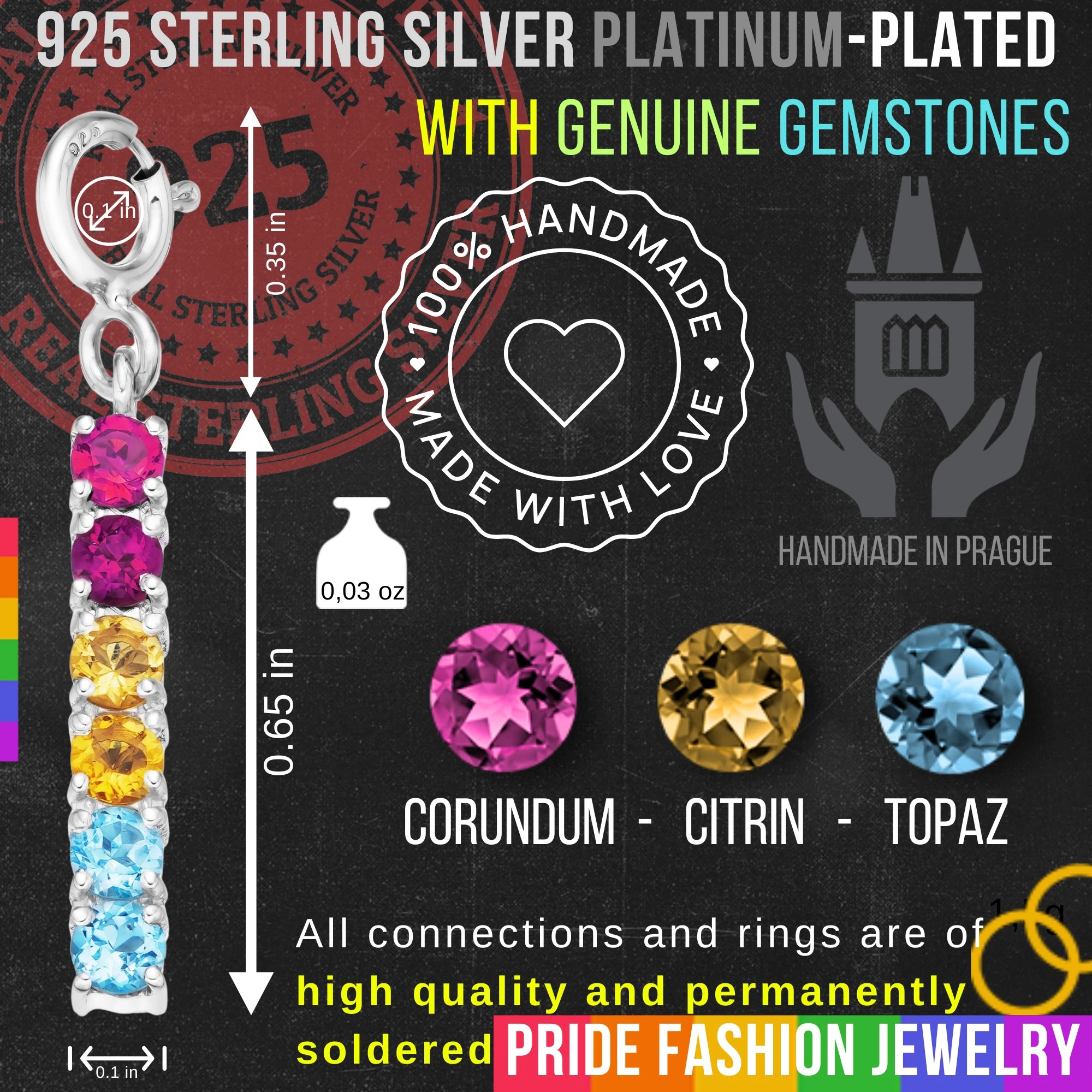 Pansexual 925 Sterling Silver Charm Flag Necklace with Spring Clasp (Platinum Plated) – 6 Gems