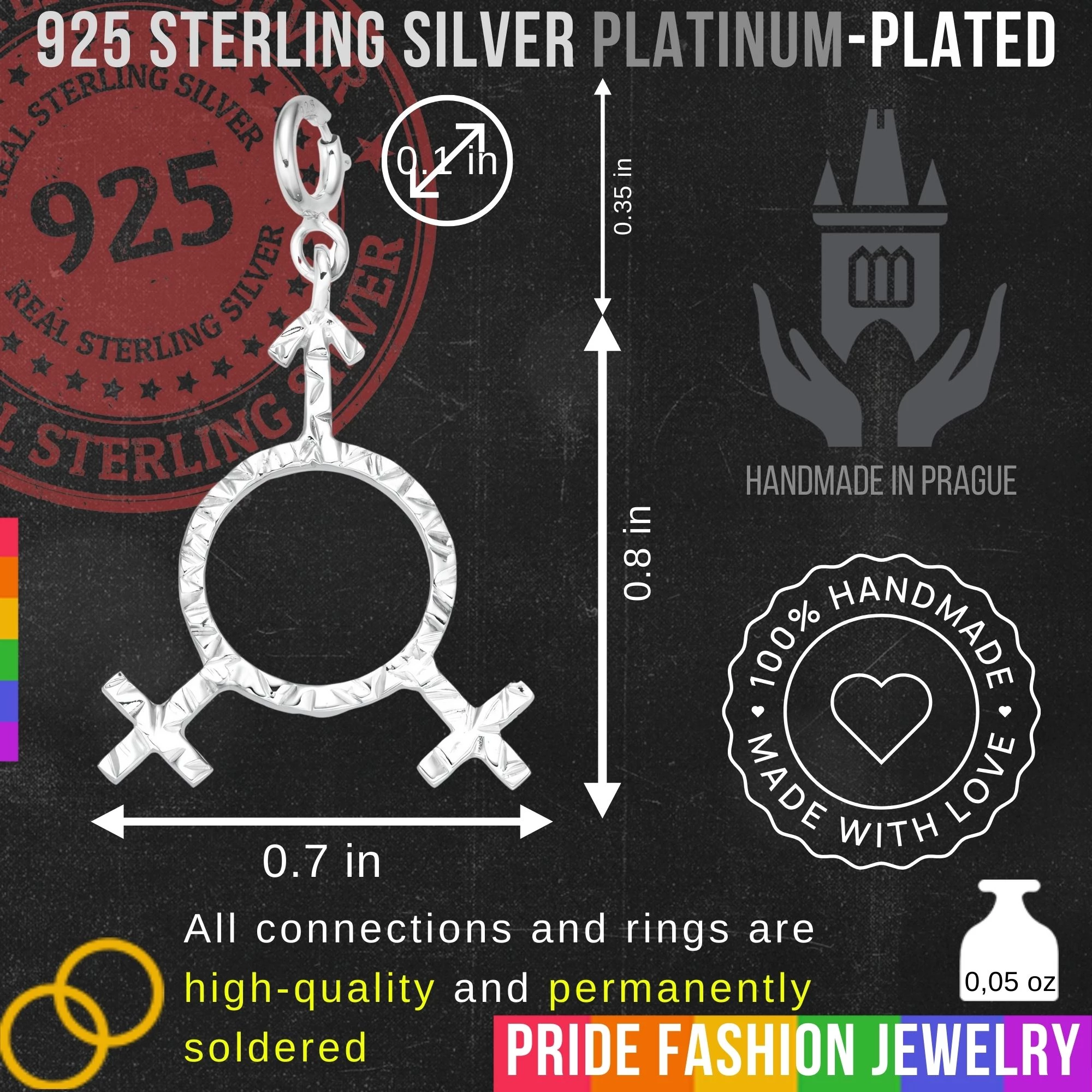 BiSexual 925 Sterling Silver Charm Necklace with Spring Clasp v4 (Platinum Plated)