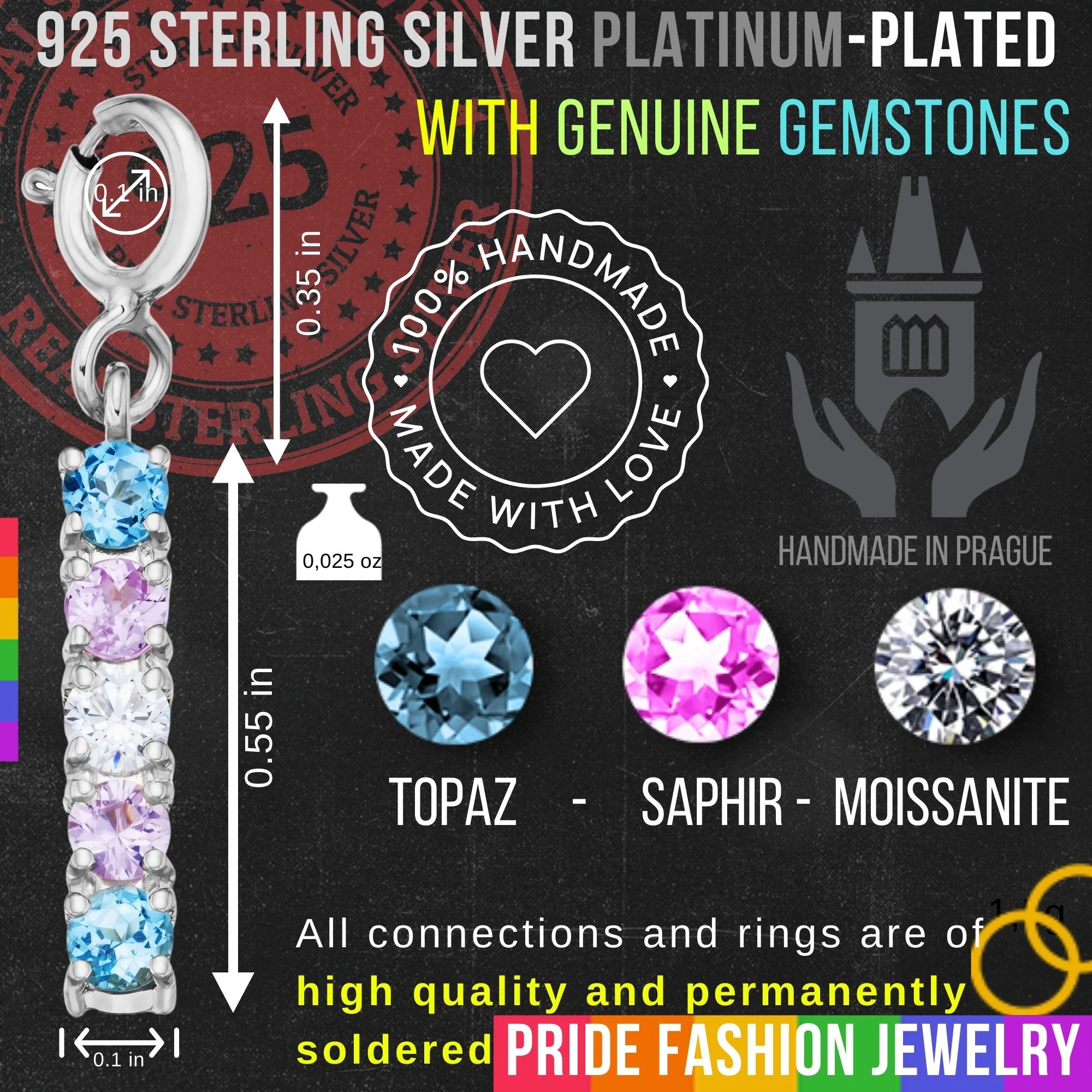 Transgender 925 Sterling Silver Charm Flag Necklace with Spring Clasp (Platinum Plated) – 5 Gems