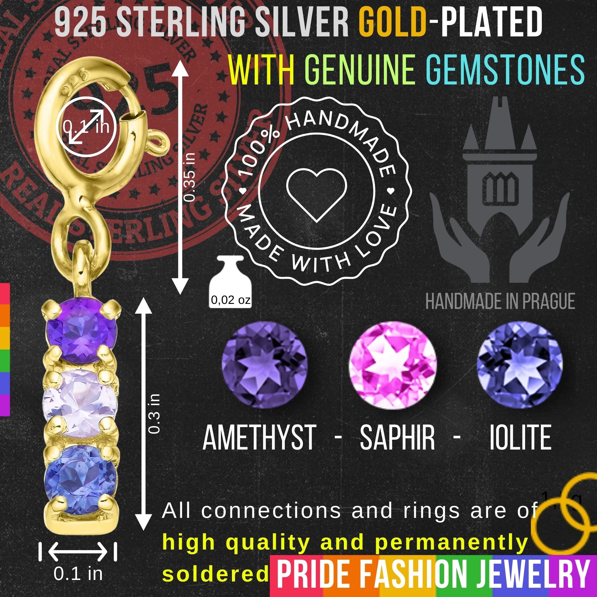 Bisexual 925 Sterling Silver Charm Flag Necklace with Spring Clasp (Gold Plated) – 3 Gems